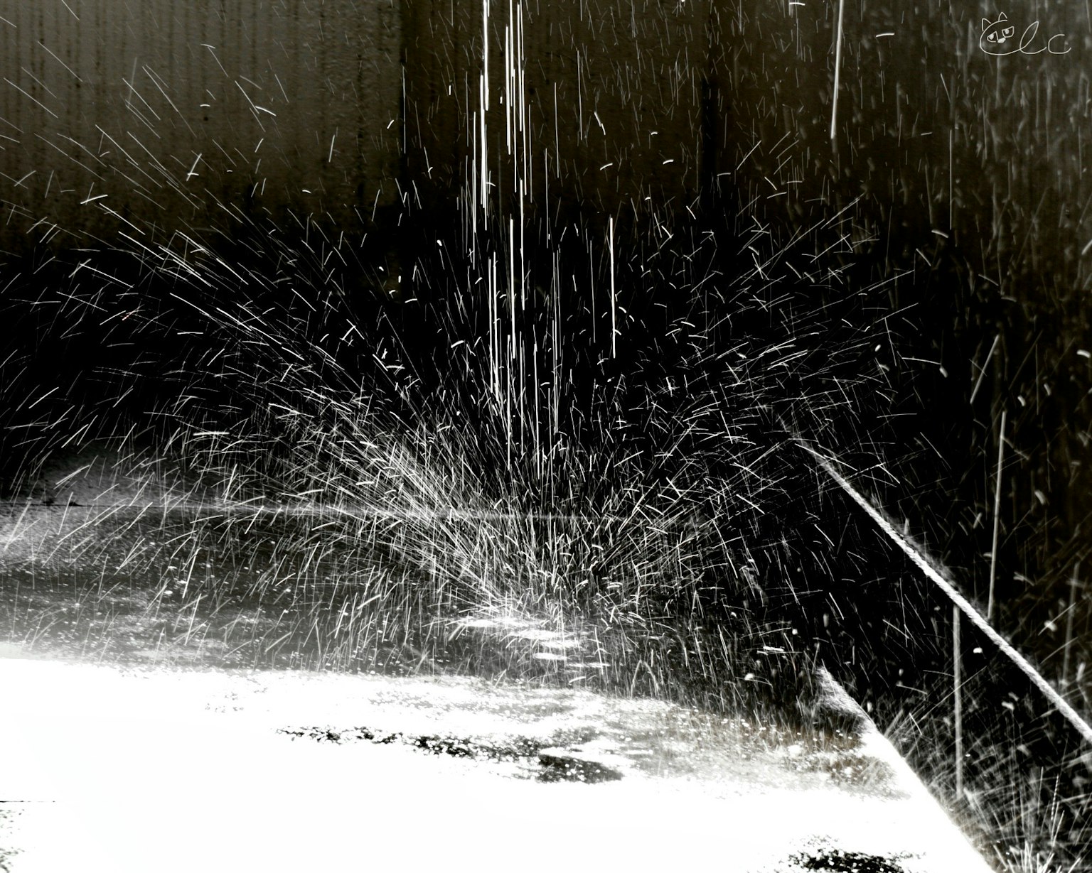 Image en noir et blanc de l'eau de pluie éclaboussant le sol