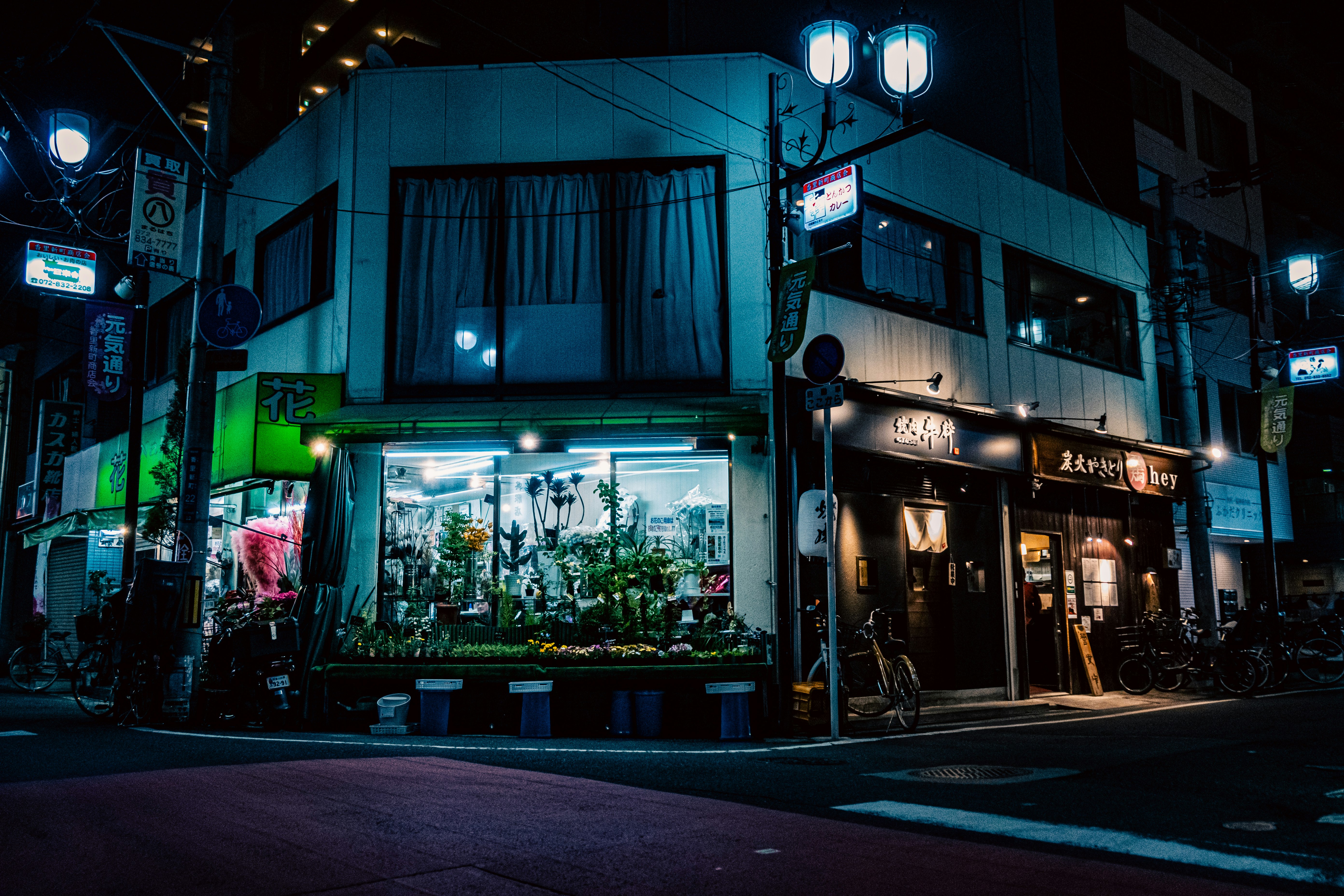 夜の路地に並ぶネオン看板と花屋の店先