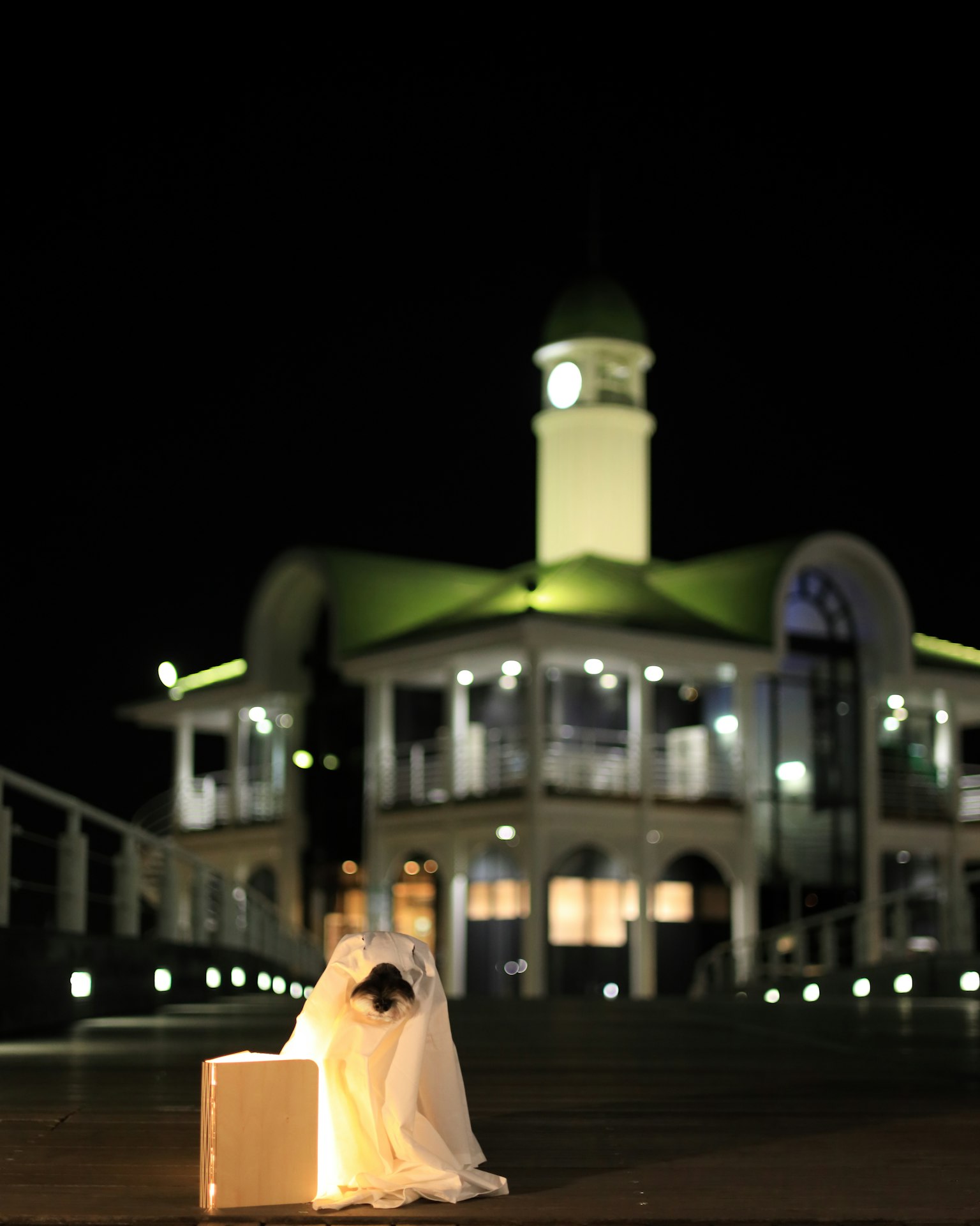 A figure draped in white sits in front of a box at night by the seaside