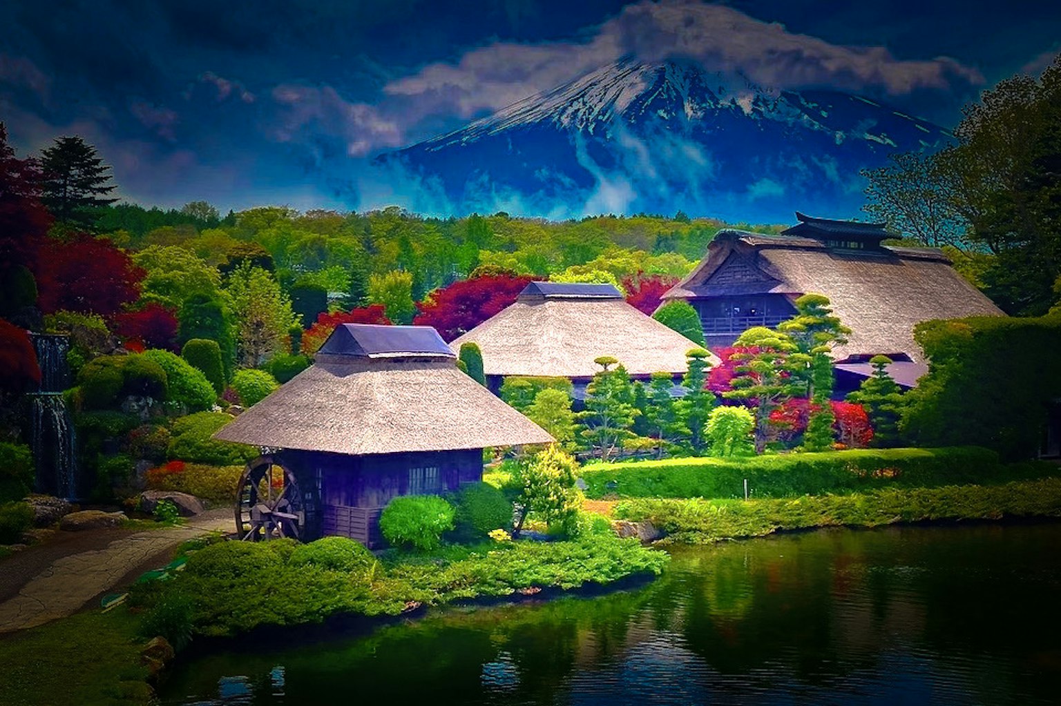 Pemandangan taman Jepang yang indah dengan rumah tradisional tanaman berwarna-warni dan gunung di latar belakang