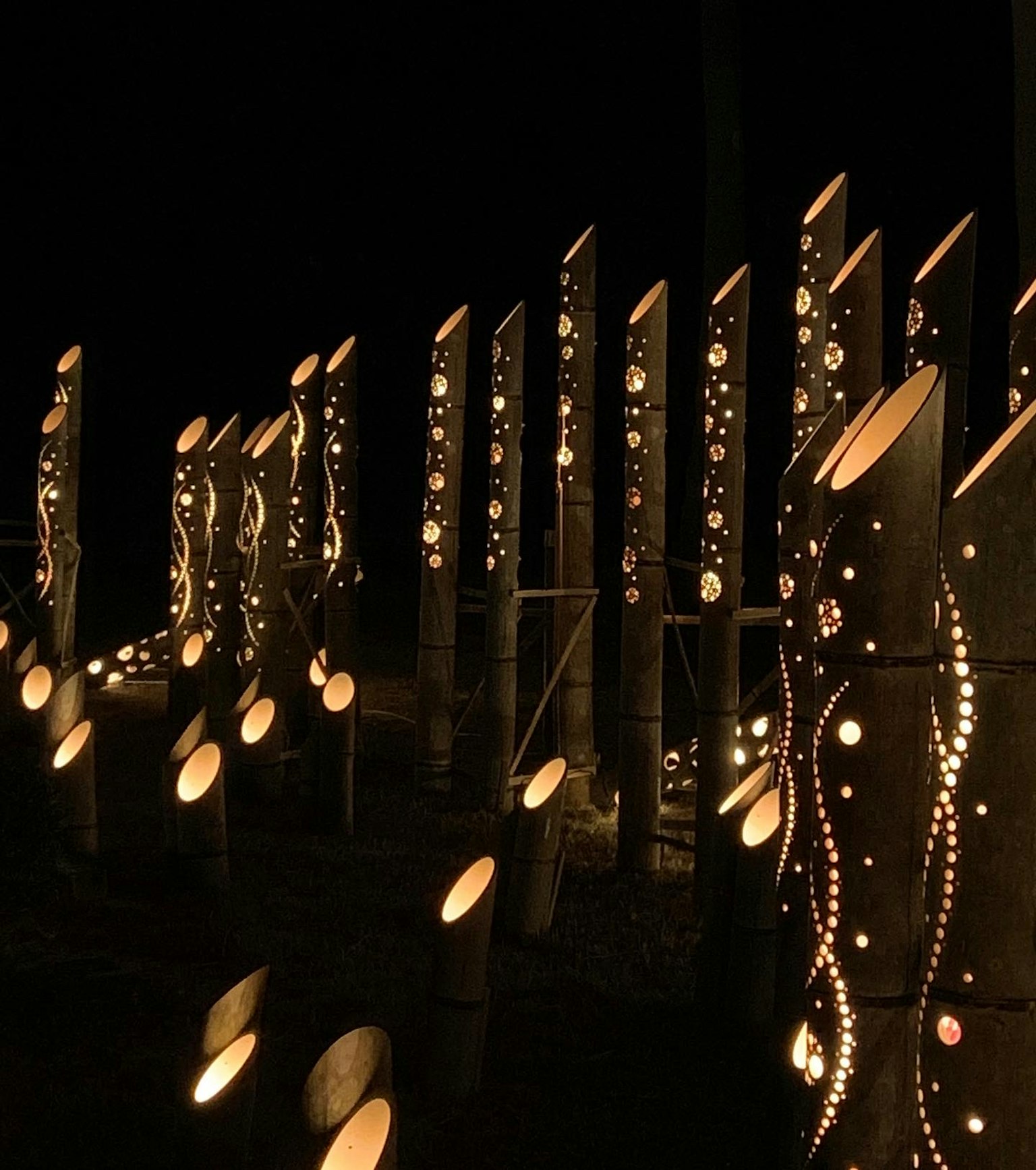 Sculptures en bambou illuminées créant une atmosphère magique la nuit