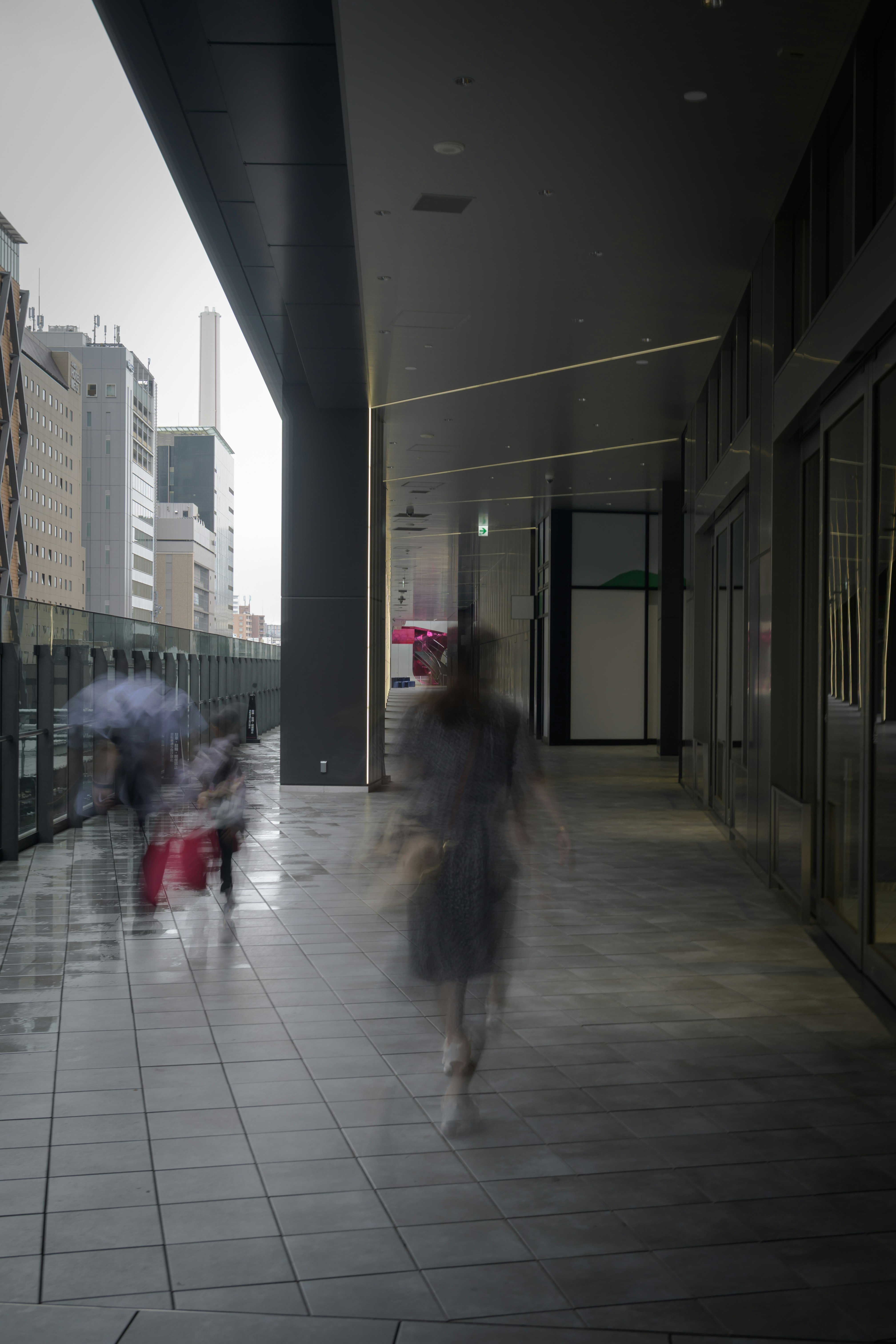 雨のブレが写る屋根付きの回廊を歩く人々の流れ