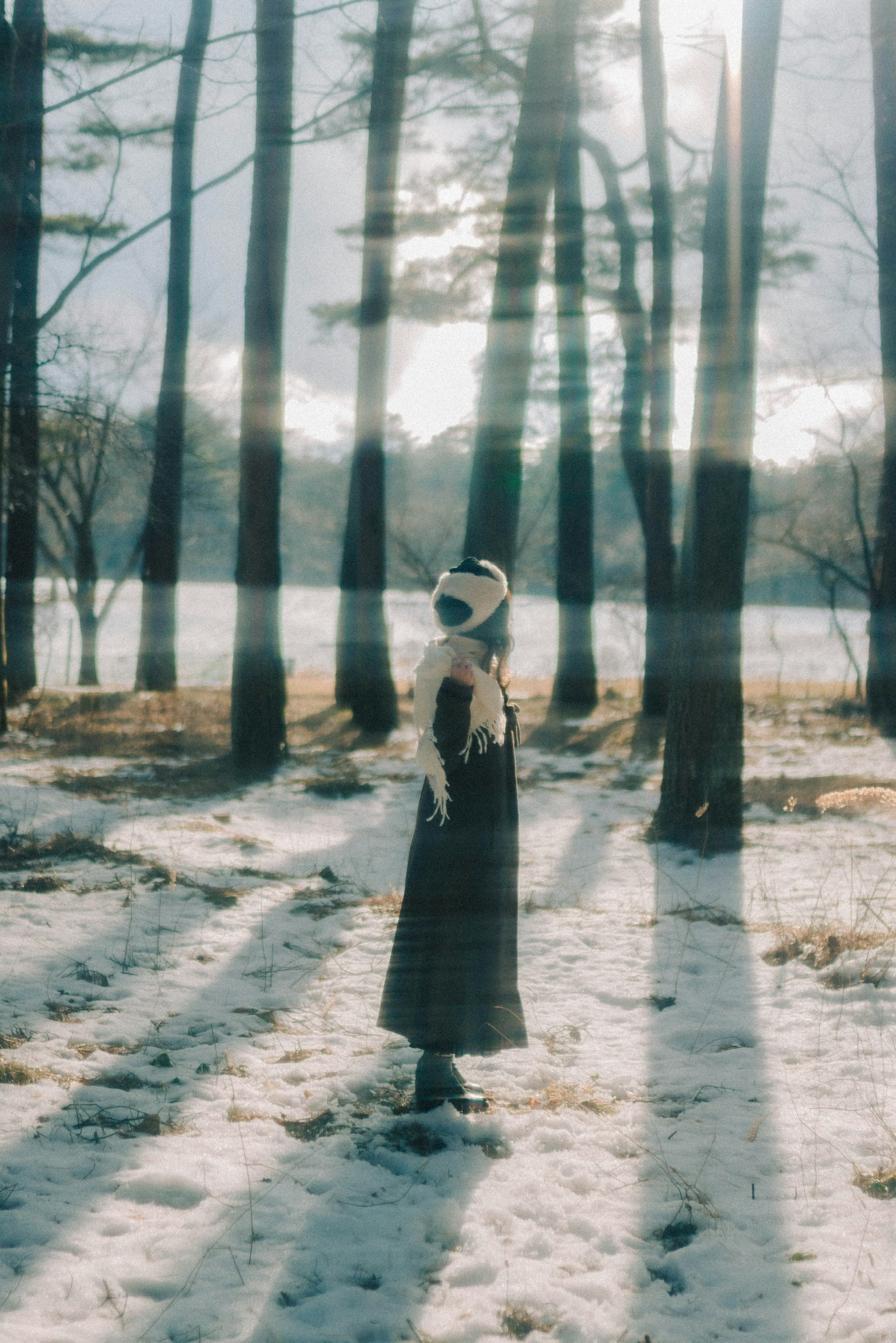 一位女性站在雪地上，阳光透过森林中的树木