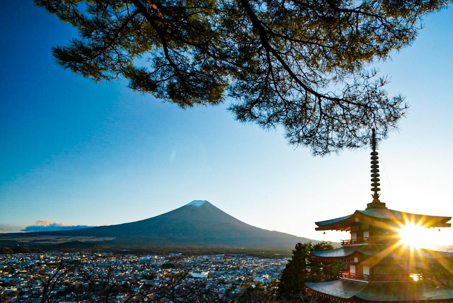 Schöne Aussicht auf eine Pagode mit dem Fuji im Hintergrund