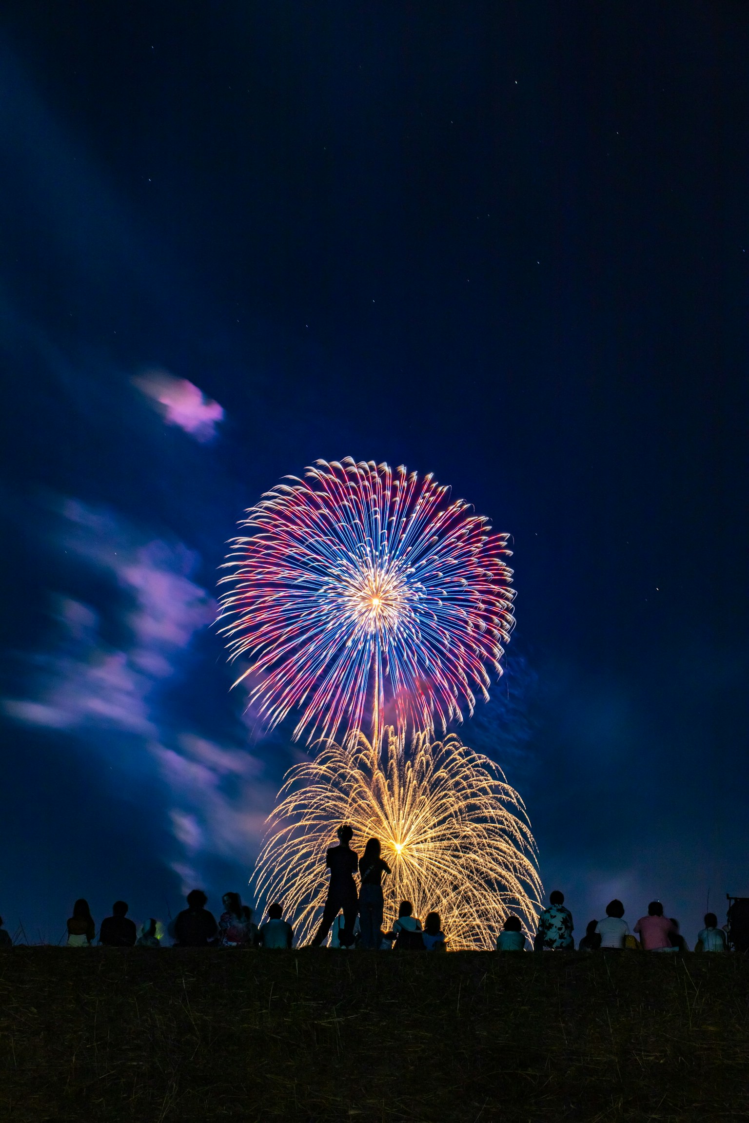 夜空中的五彩烟花表演与人群的剪影