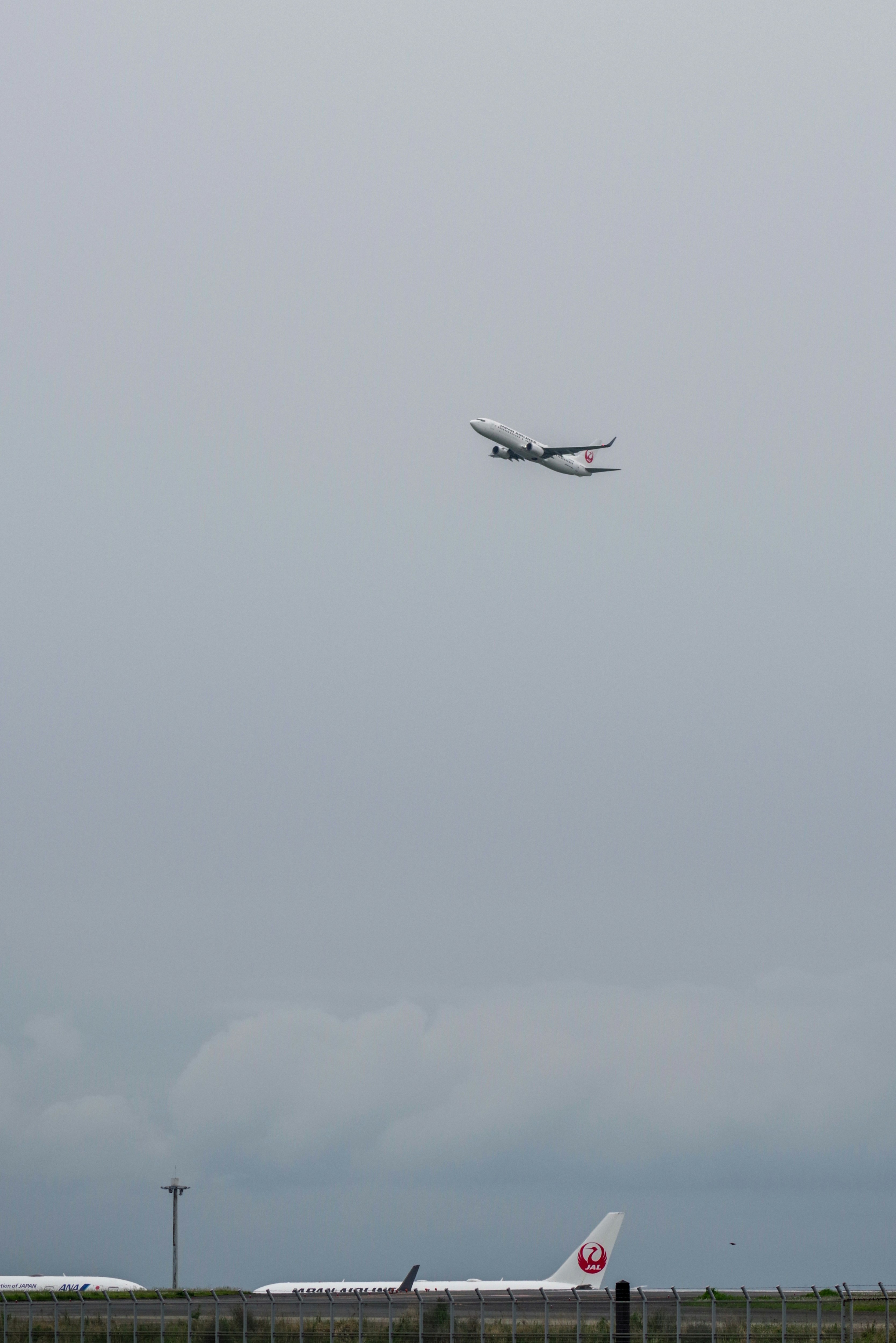 霧の空を飛ぶ飛行機と滑走路の景色