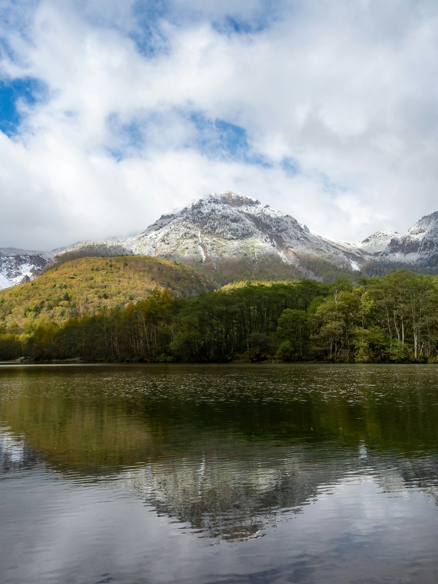 Vue pittoresque de montagnes et d'un lac avec des arbres verts et des sommets enneigés se reflétant dans l'eau