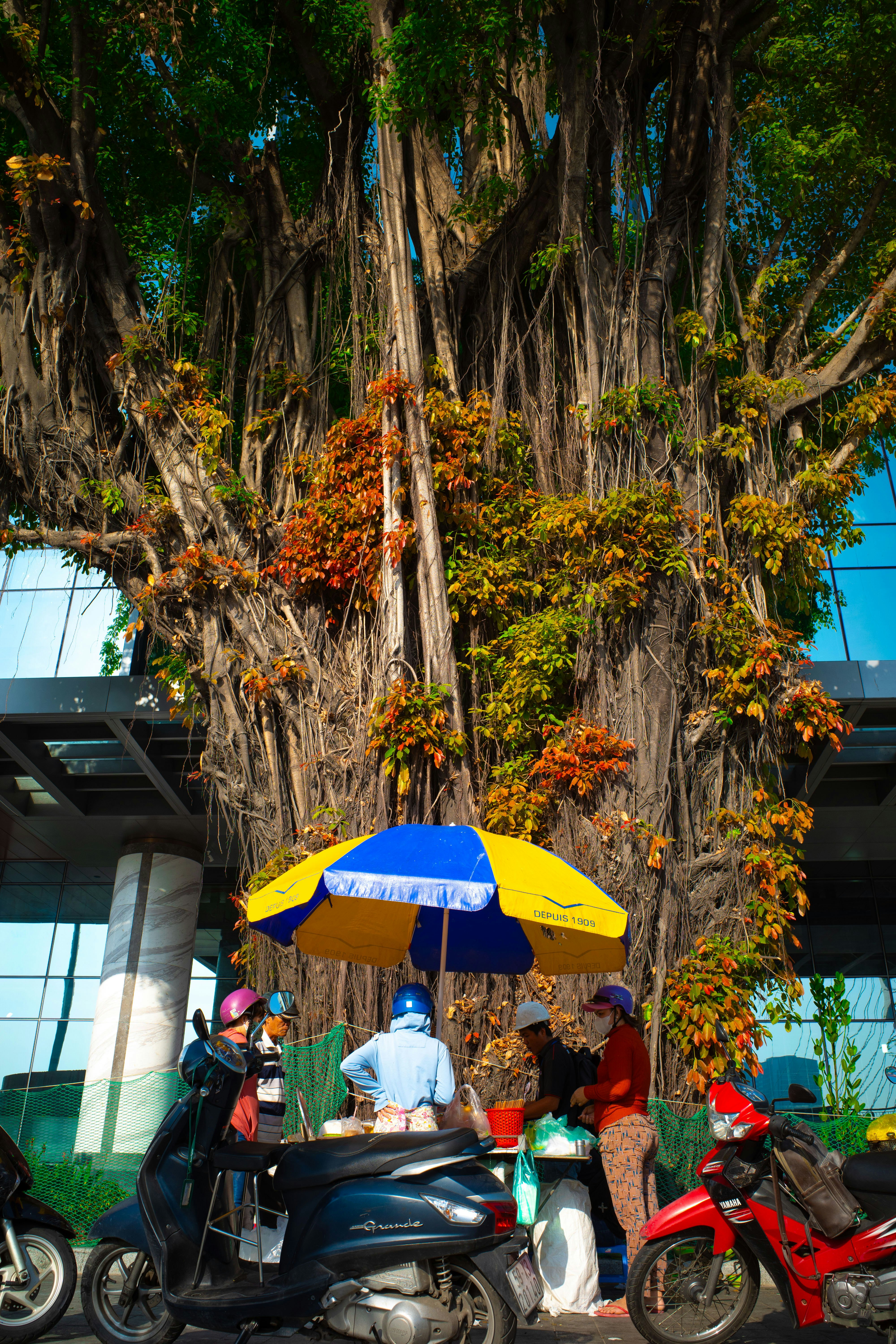 Outdoor rest area with parked motorcycles and colorful umbrellas under blue sky