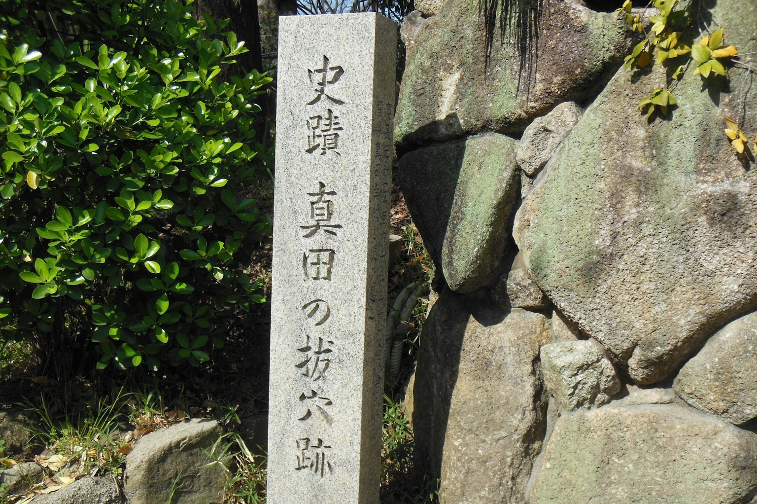 Monumento de piedra con inscripciones rodeado de vegetación y rocas