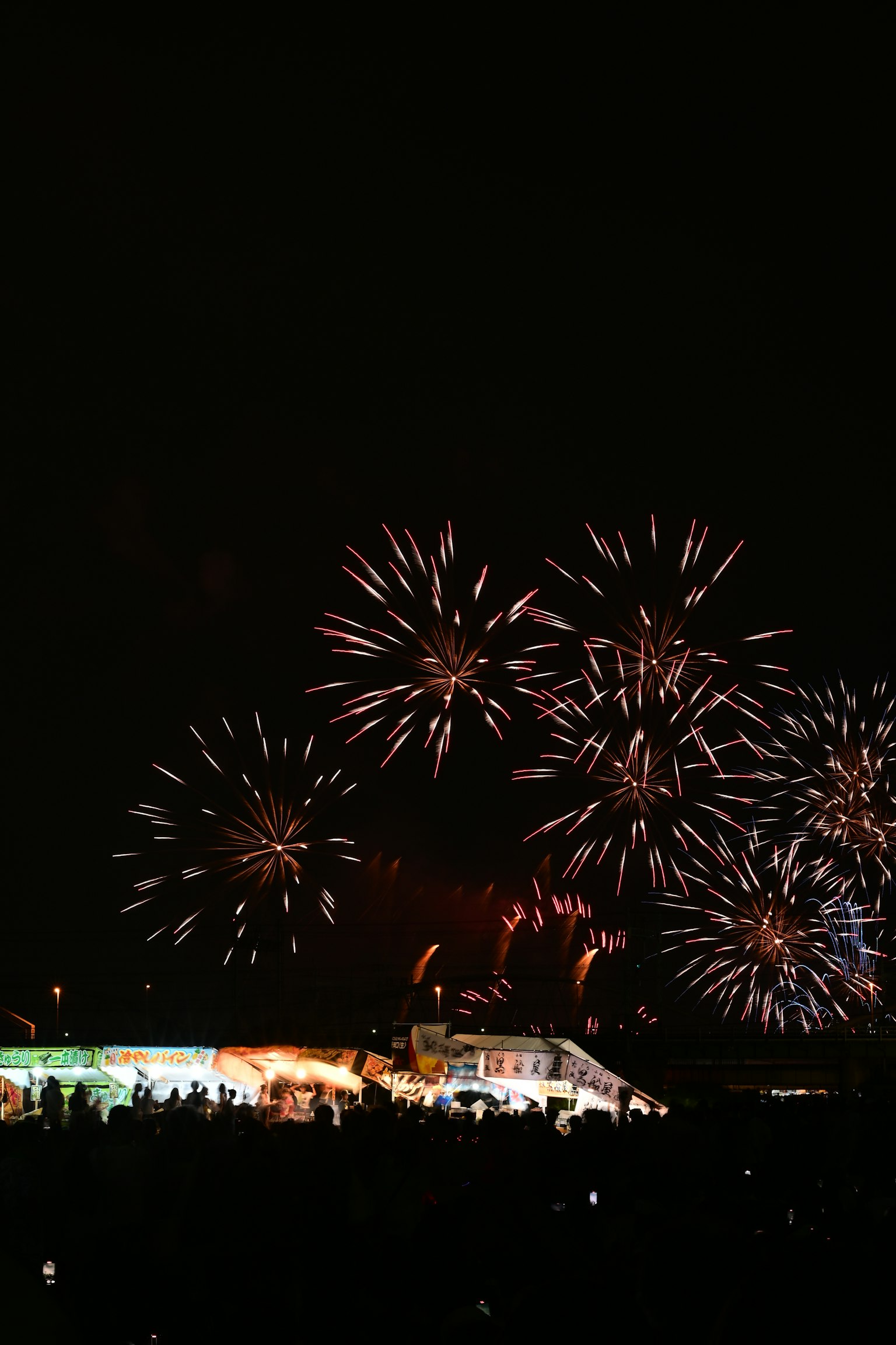 Colorful fireworks bursting in the night sky with silhouettes of people