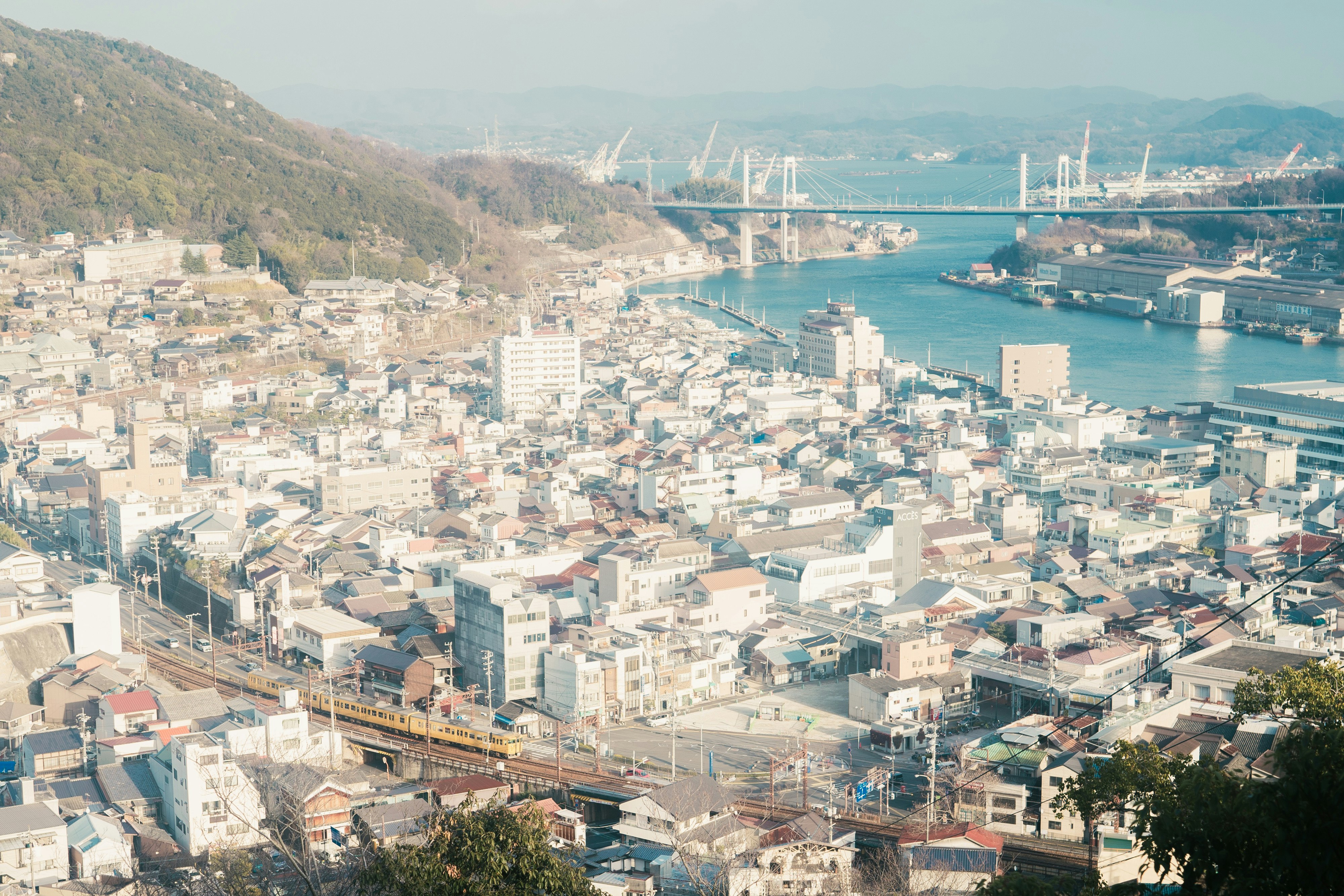 从山坡俯瞰的港口城市街景与海面