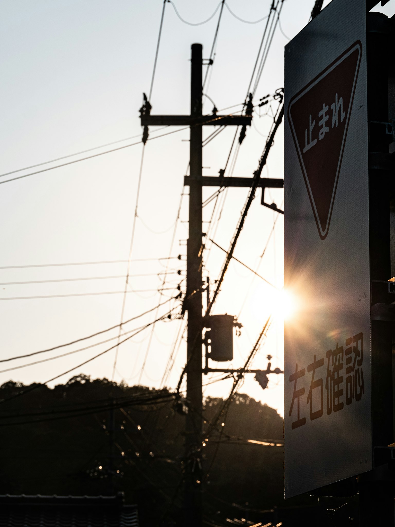 Silhouette of a utility pole and sign with sunlight streaming through