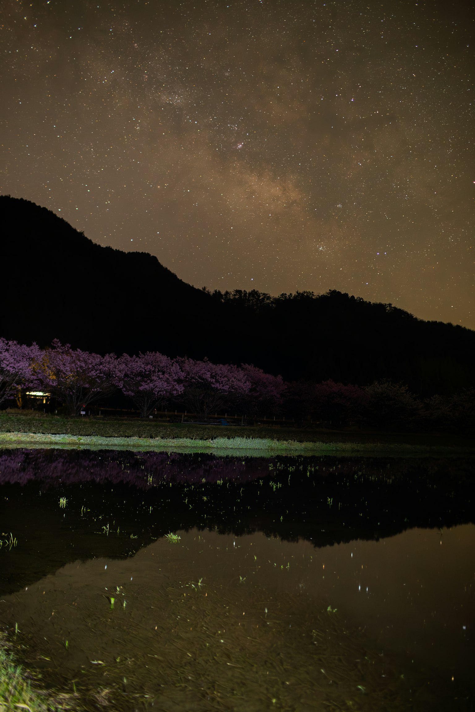 Paesaggio con un lago che riflette il cielo stellato e la silhouette della montagna