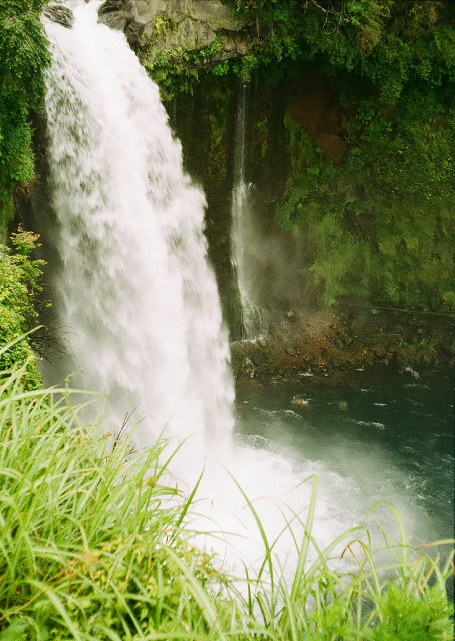 A beautiful waterfall surrounded by lush green grass and natural scenery