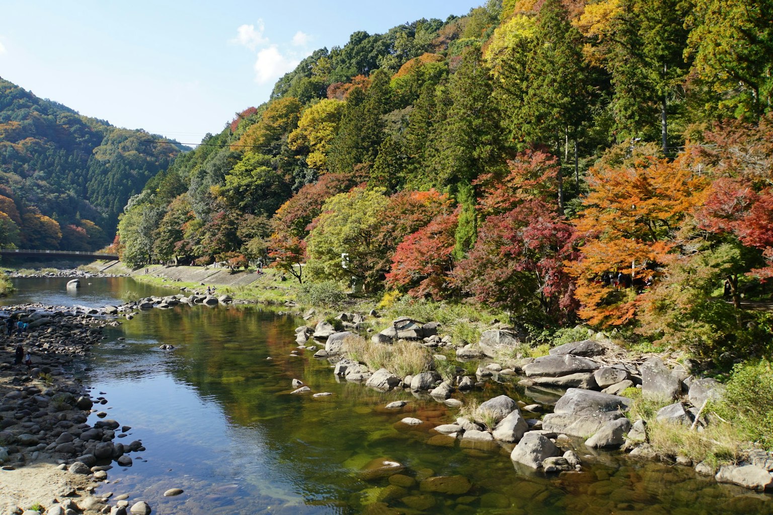 Malersicher Blick auf Herbstlaub entlang eines klaren Flusses
