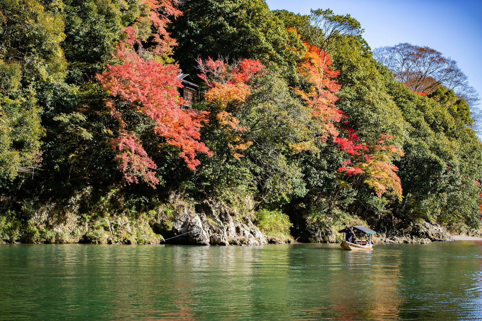 Fogliame autunnale colorato lungo una riva serena con acqua calma