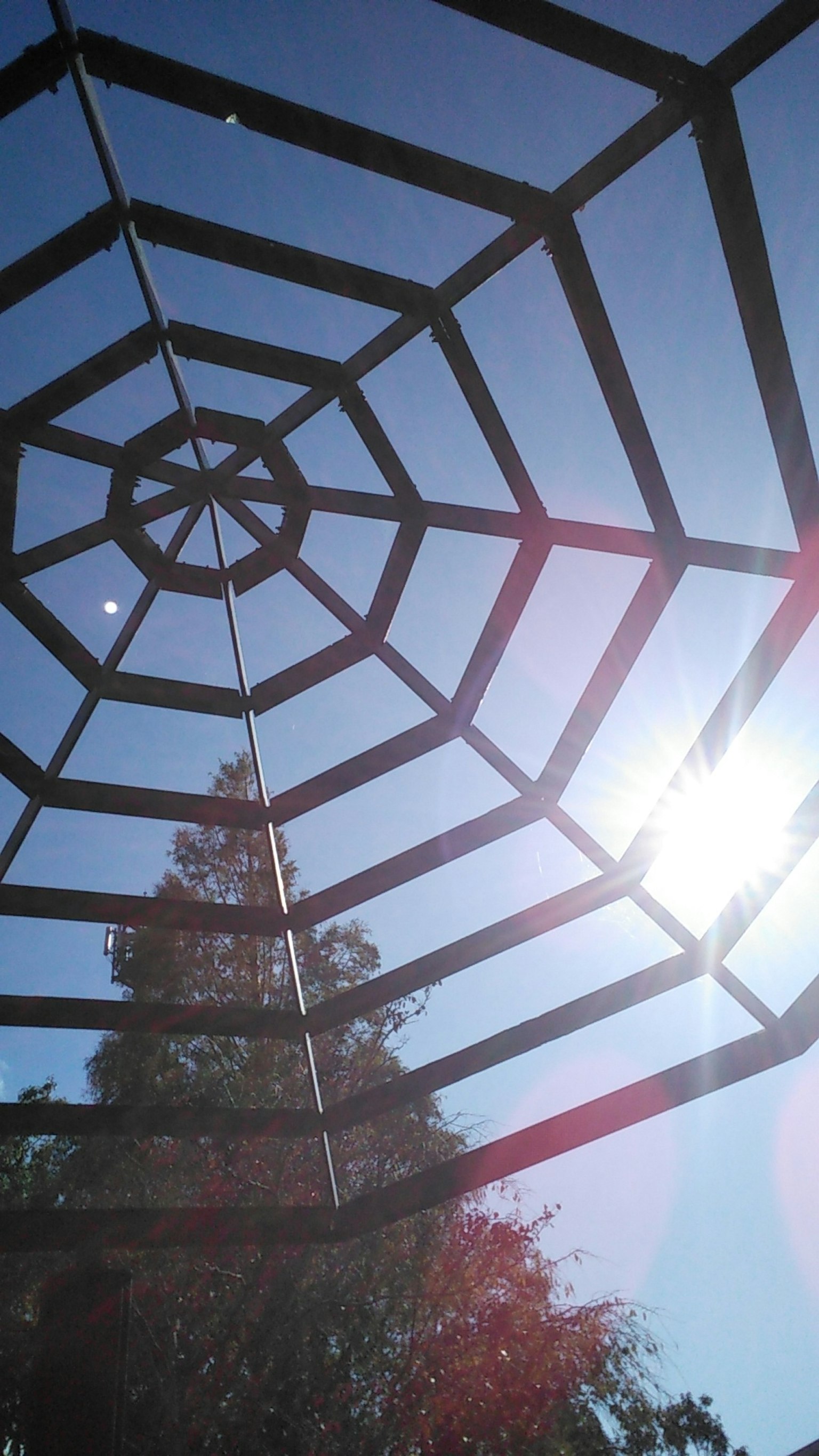 Foto dall'interno di una struttura che guarda verso un cielo blu
