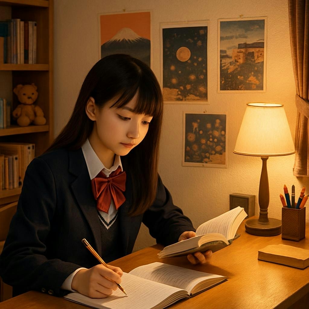 a student in a uniform studying at home