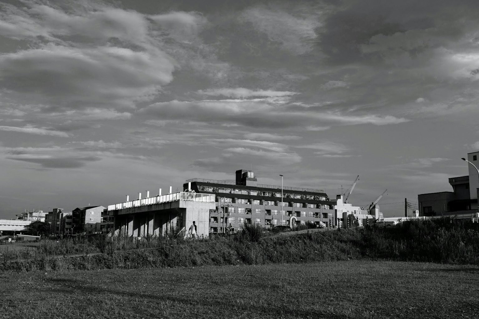Schwarzweißlandschaft mit einem alten Gebäude und einem weiten Grasfeld