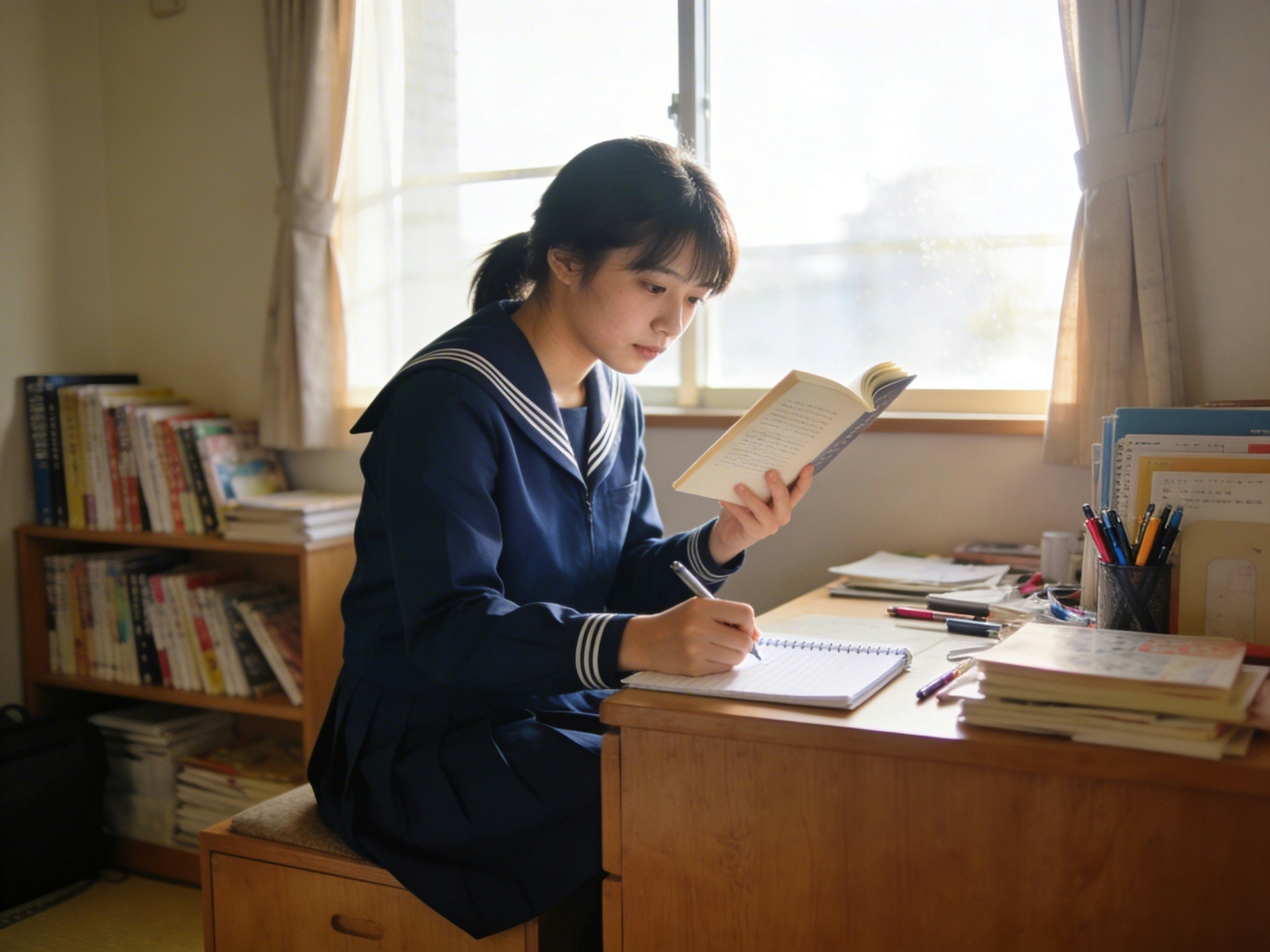 student studying at a desk in a bedroom