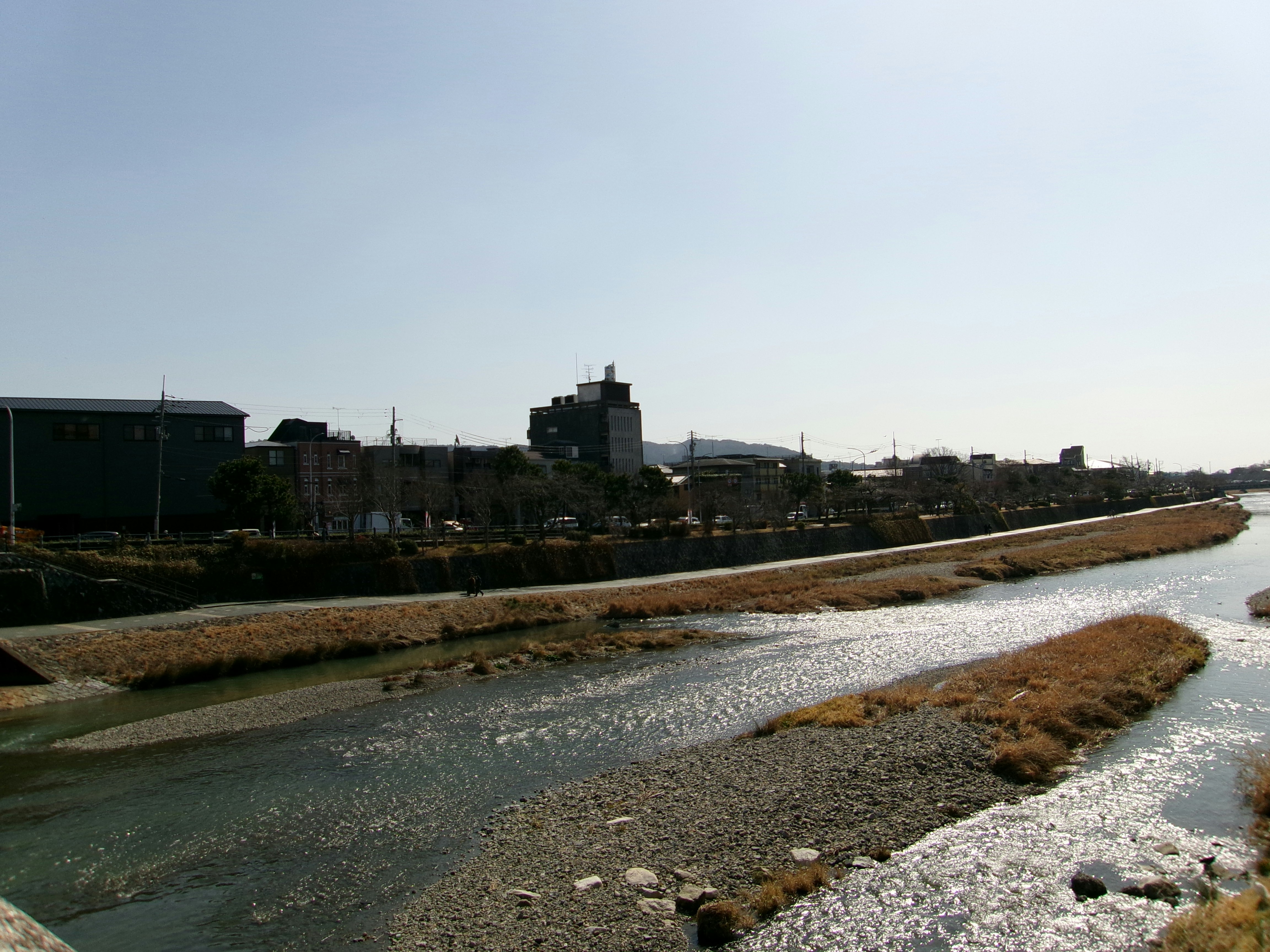 川沿いの堤防と街並みの風景