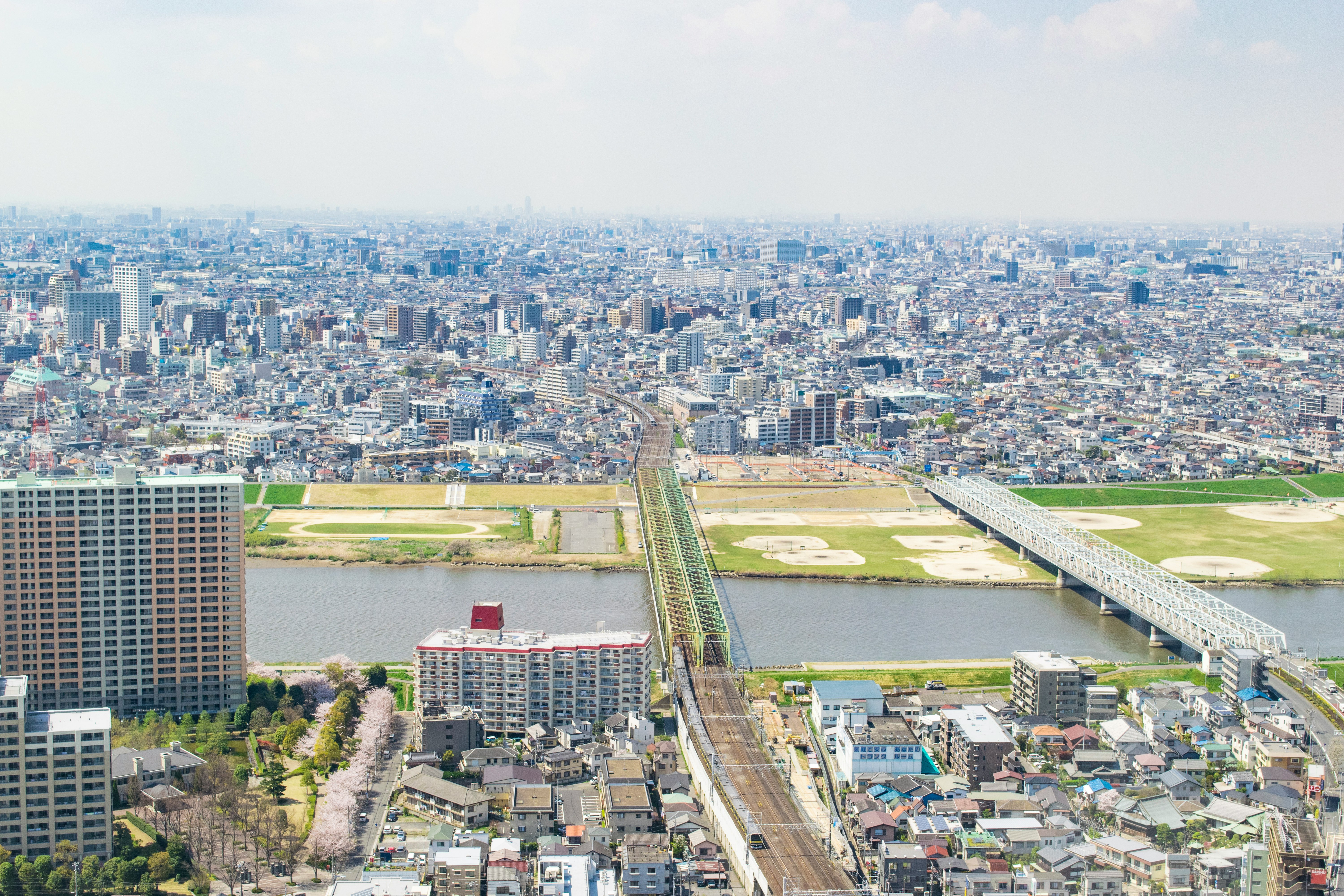 city skyline with a large bridge over a river