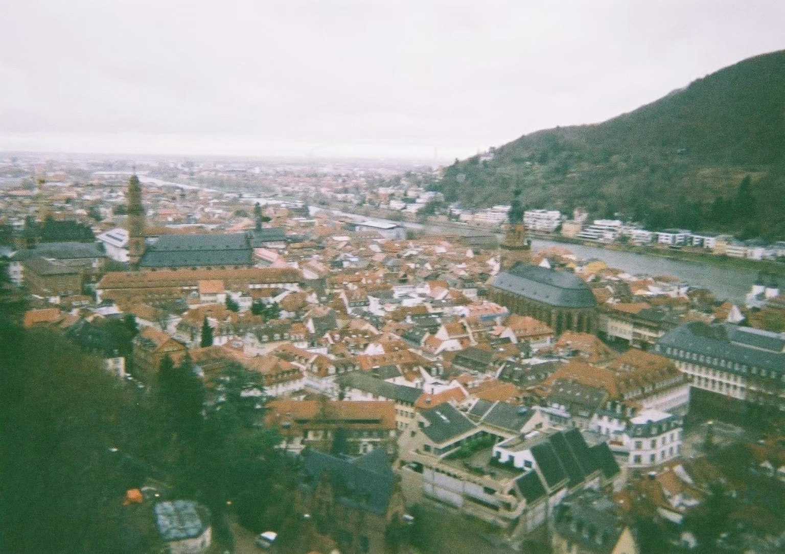 Luftaufnahme der Dächer von Heidelberg und des Flusses