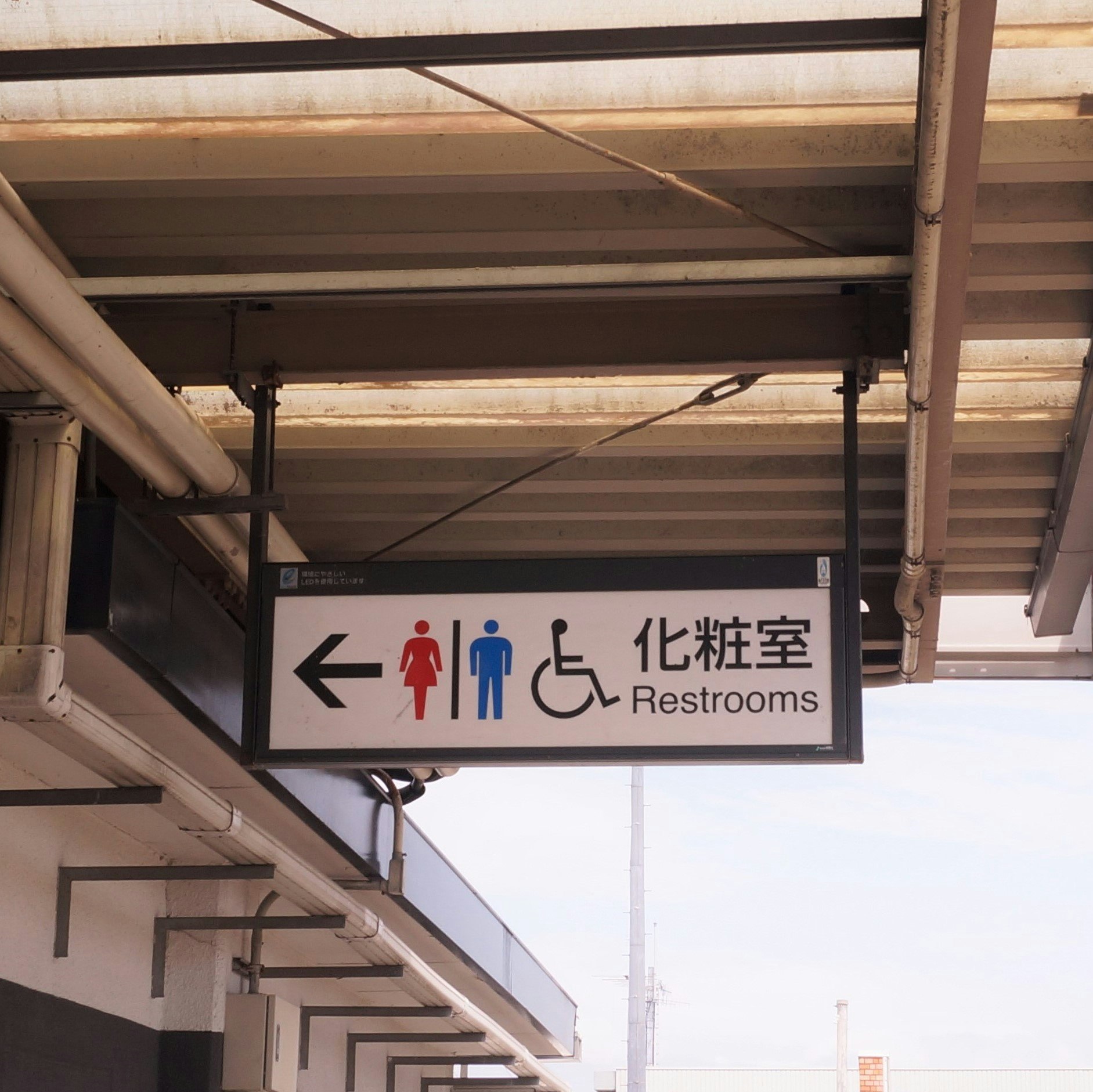 Biển chỉ dẫn trong hành lang trong nhà với biểu tượng nhà vệ sinh