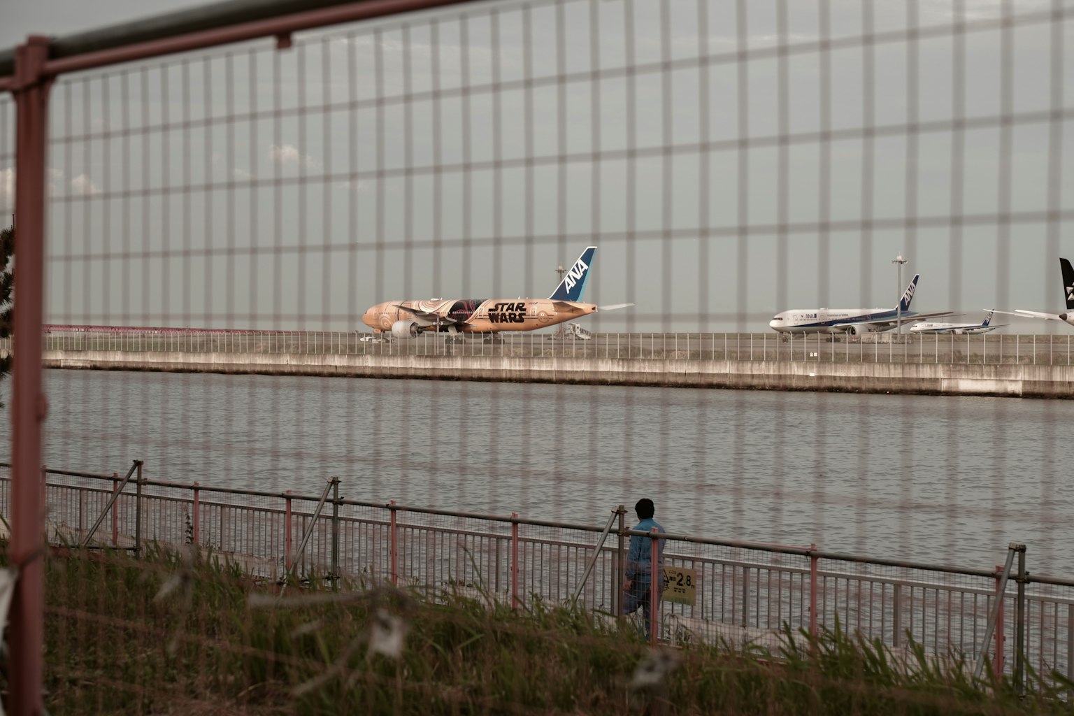 Pemandangan pesawat lepas landas di belakang pagar dekat air
