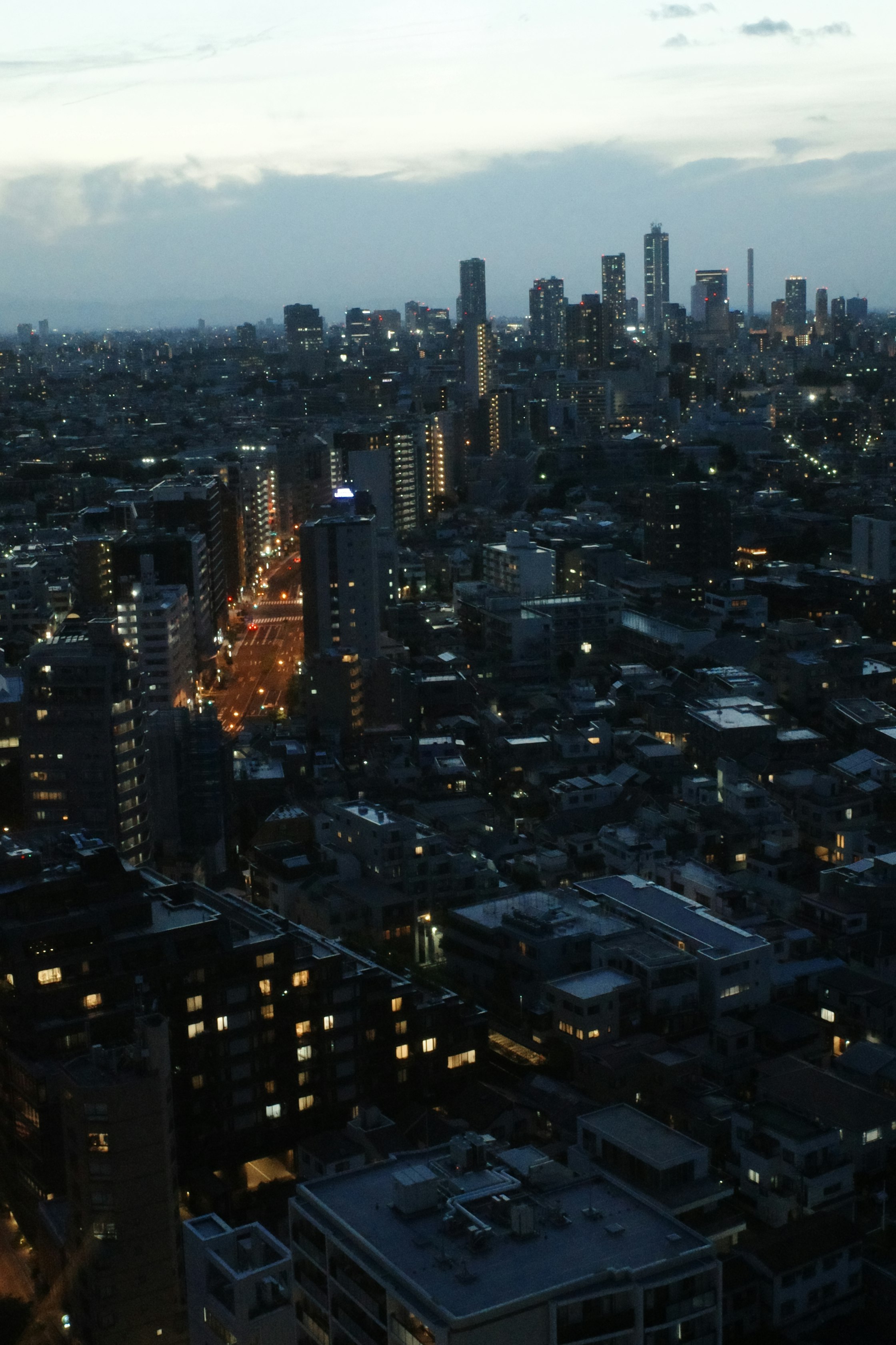 夕暮れの高層ビル群と街並みの夜景