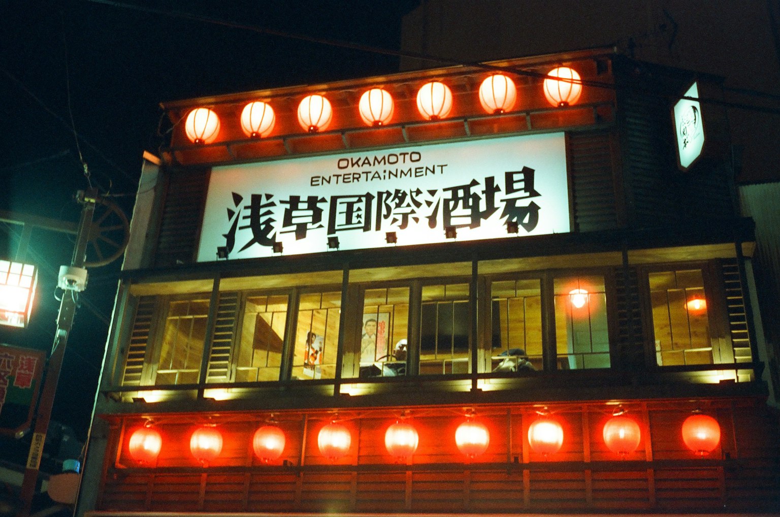 夜間淺草國際酒場外觀，紅色提燈為特色