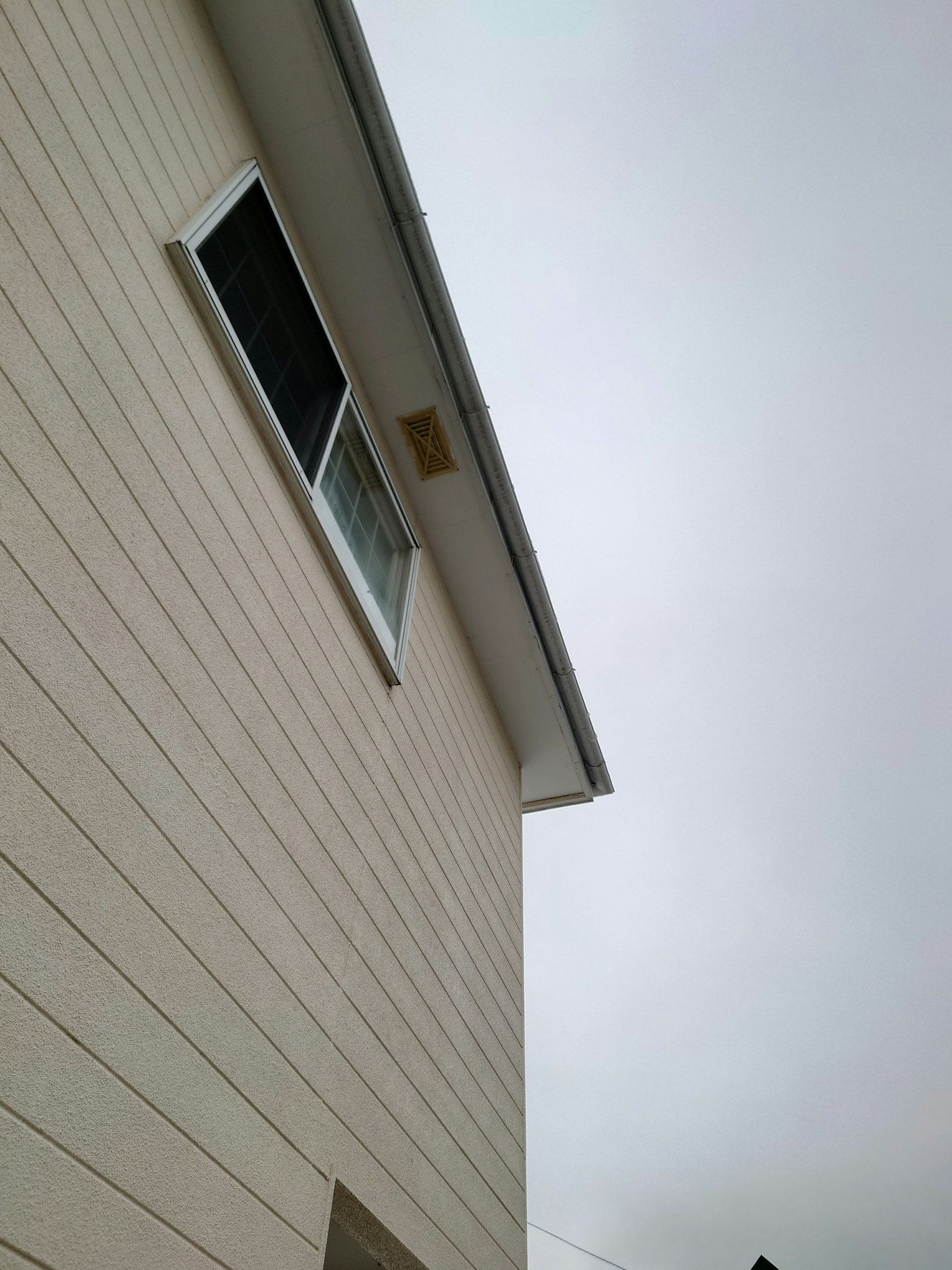 Imagen que muestra una sección de una casa con revestimiento blanco bajo un cielo nublado