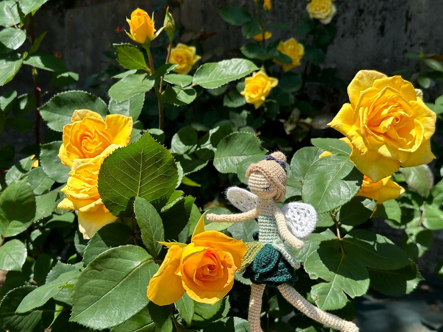 Una scena con rose gialle e una piccola bambola fata