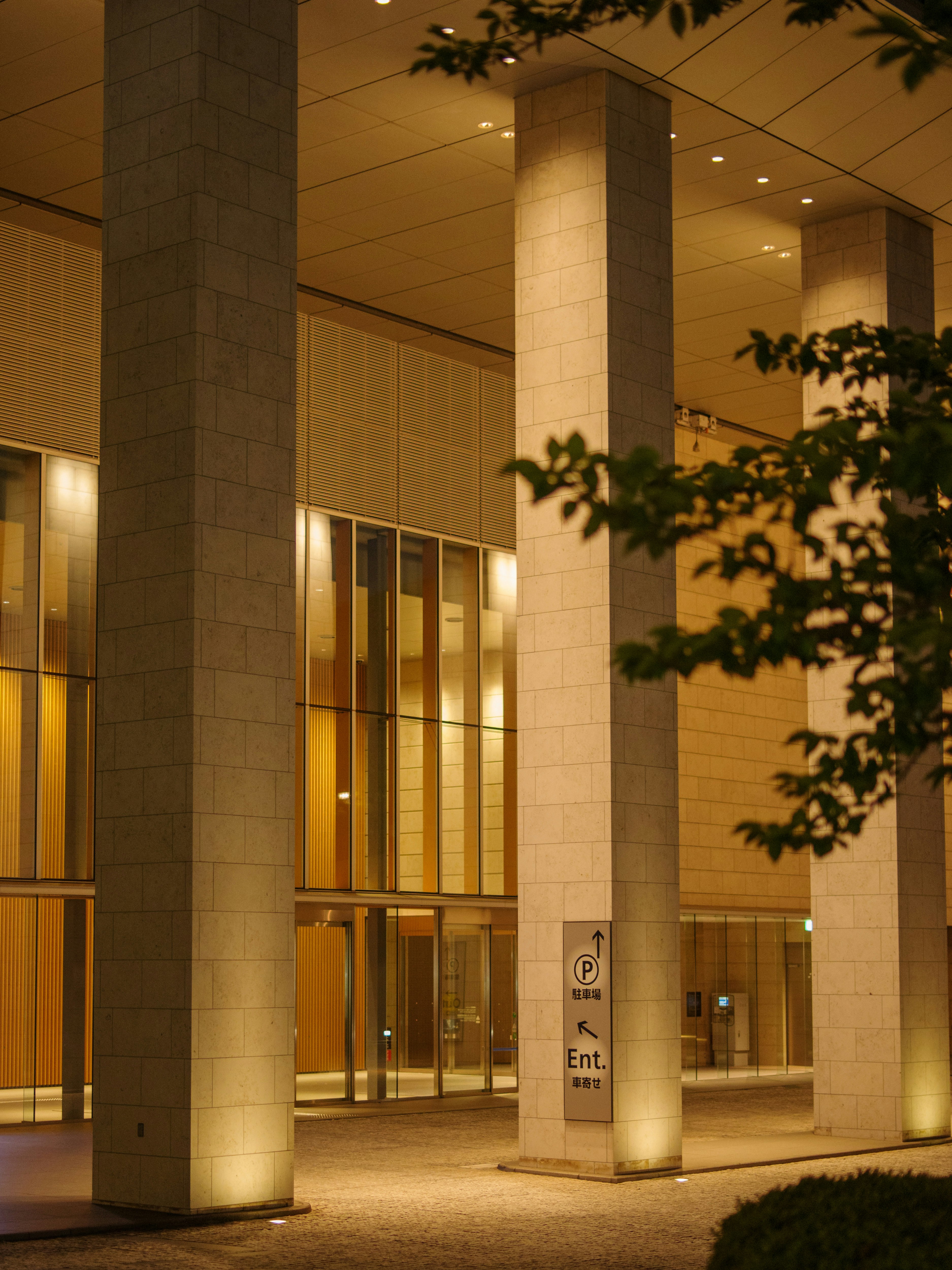 柱とアプローチのある建物エントランスの夜景