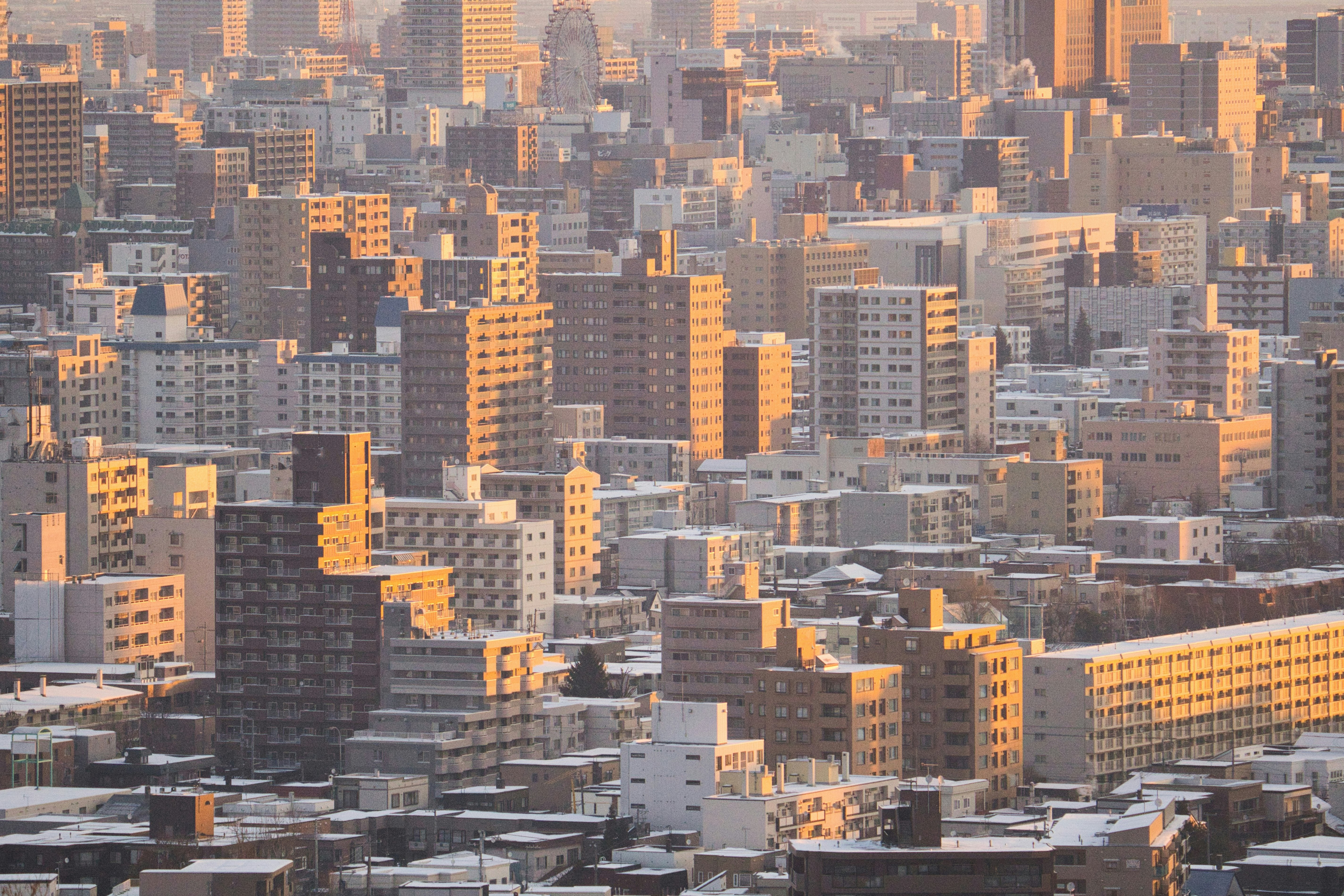 黄昏时分密集住宅楼的城市天际线