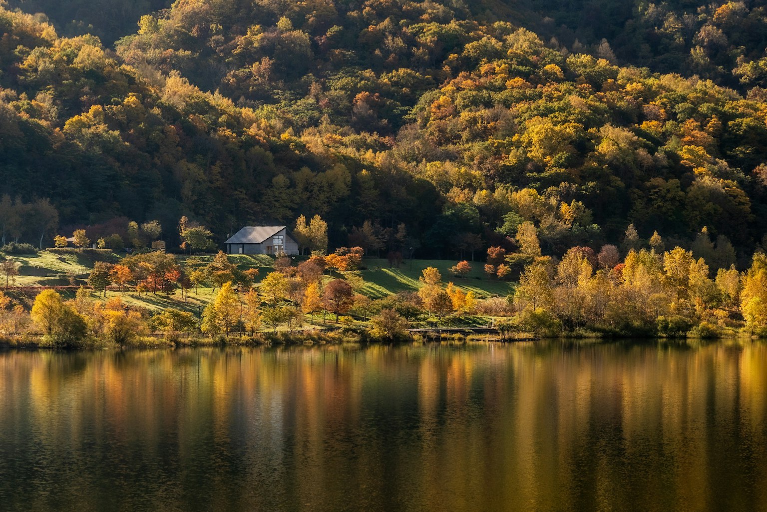美丽的秋季风景，湖泊和五彩斑斓的树木在水中倒映