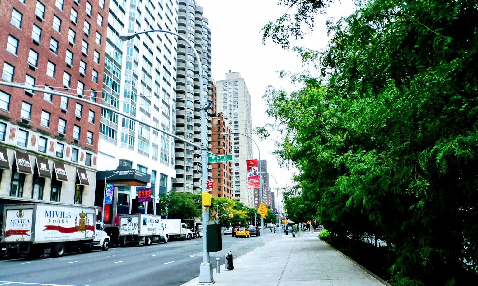 Vista de una calle en Nueva York con edificios altos y vegetación