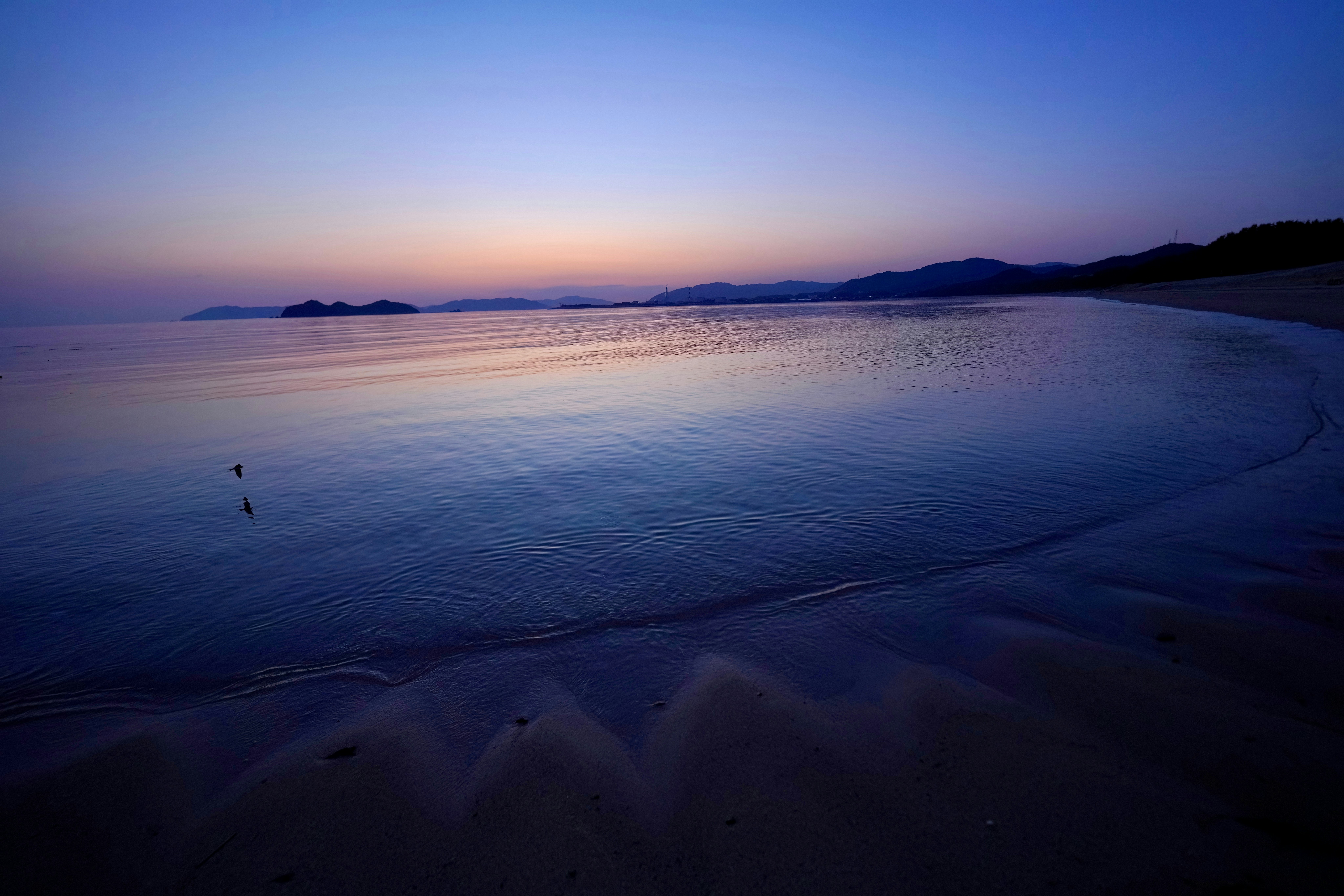 夕暮れの海辺に広がる静かな砂浜と水平線