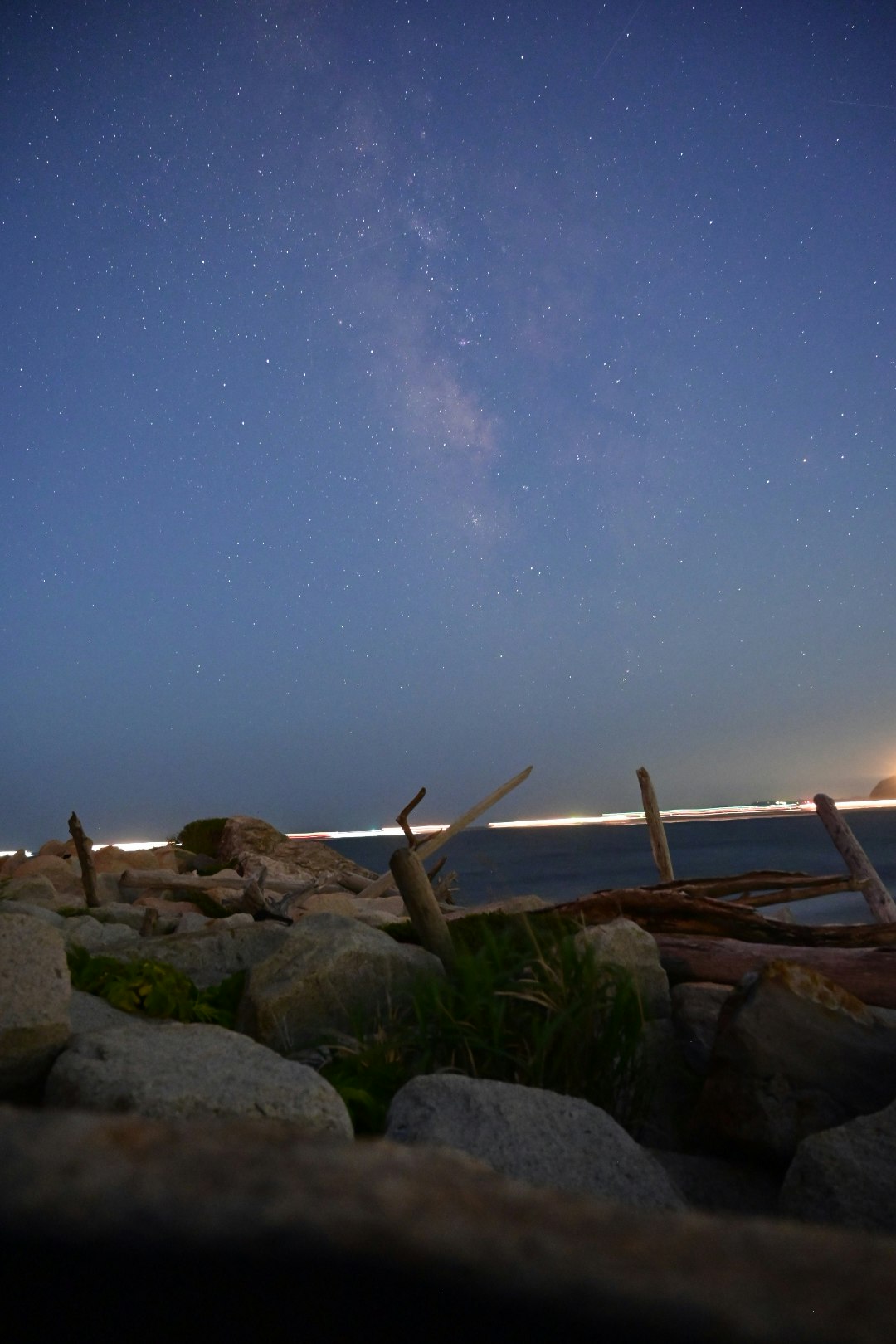 Cielo notturno sopra la costa con rocce e legno galleggiante