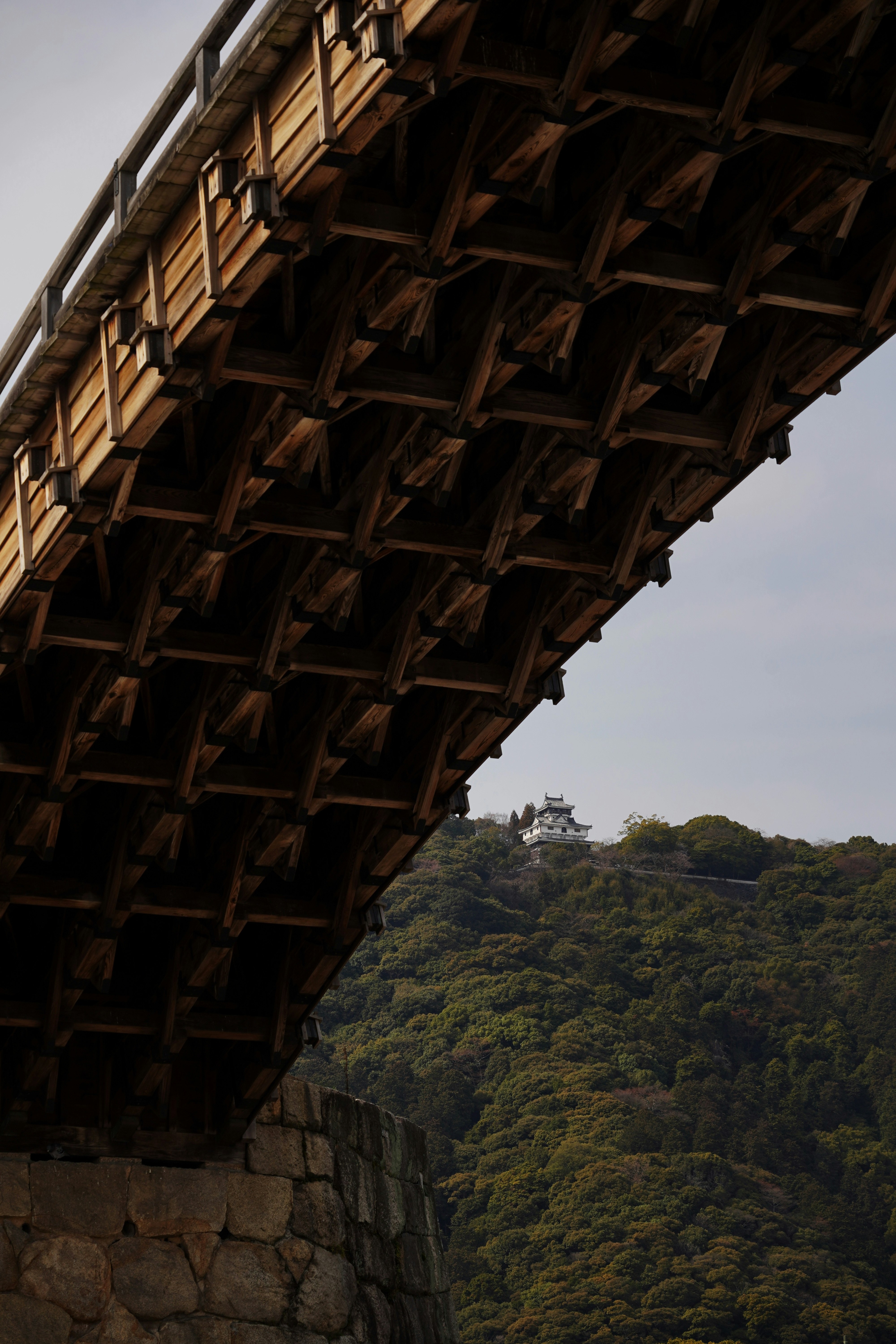 木製のアーチ橋の下からの視点 緑豊かな丘の背景