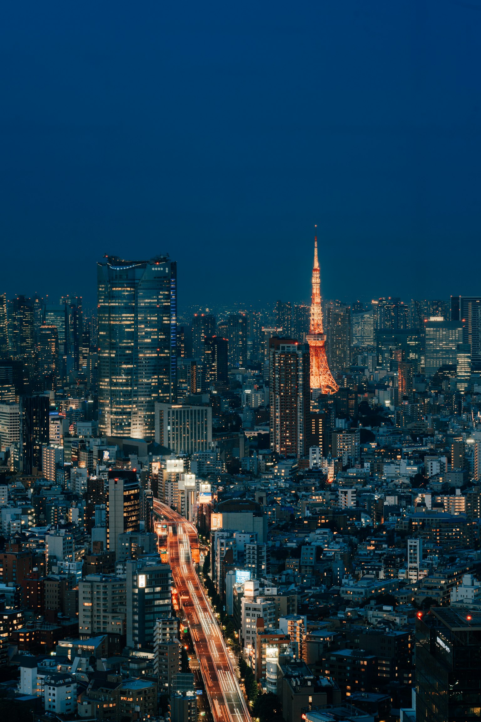 Beleuchteter Tokyo Tower im nächtlichen Skyline von Tokio mit Wolkenkratzern und Stadtlichtern