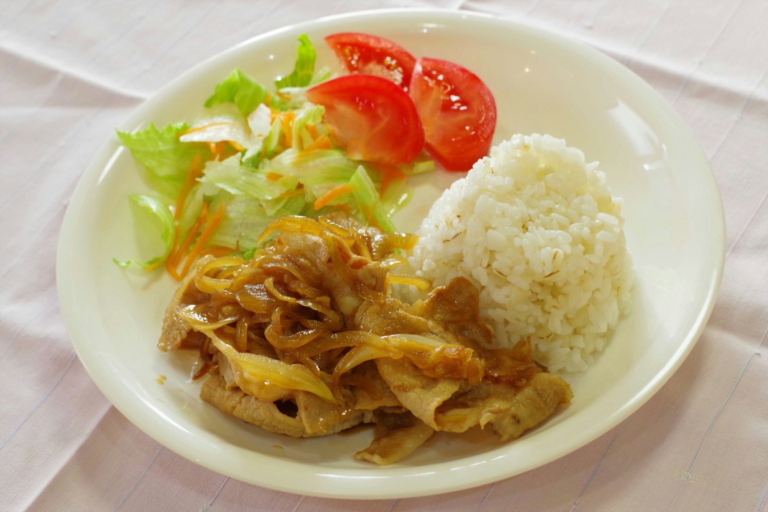 밥, 고기 요리, 샐러드와 토마토가 함께 있는 접시