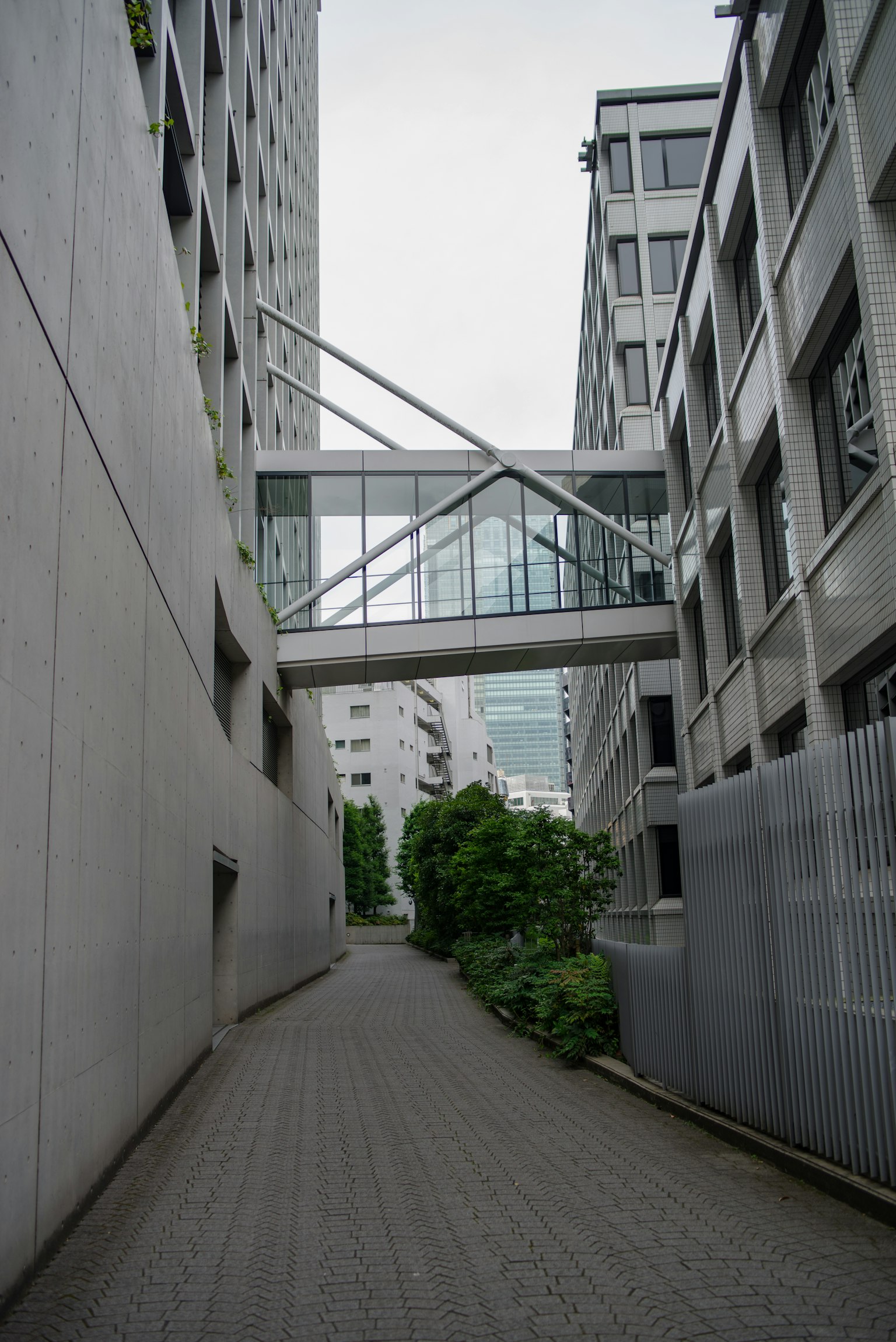 现代建筑之间的狭窄小路和玻璃天桥