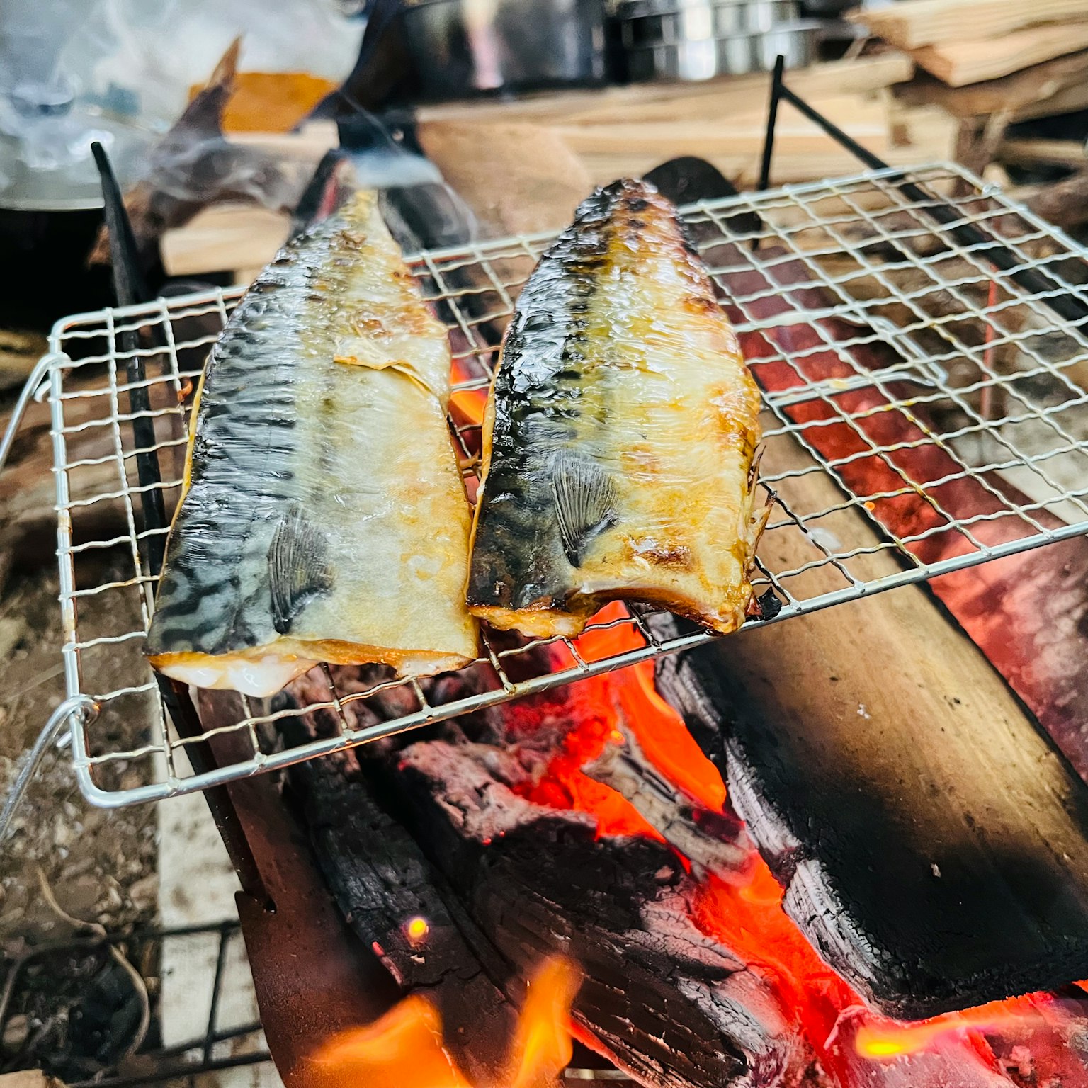 Makrelenfilets, die über einer offenen Flamme auf einem Gitter grillen