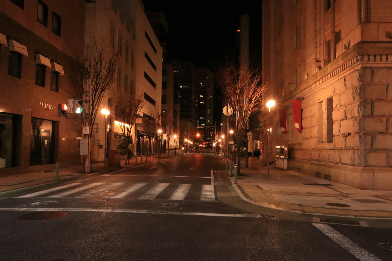 Nighttime city street with illuminated streetlights and crosswalk