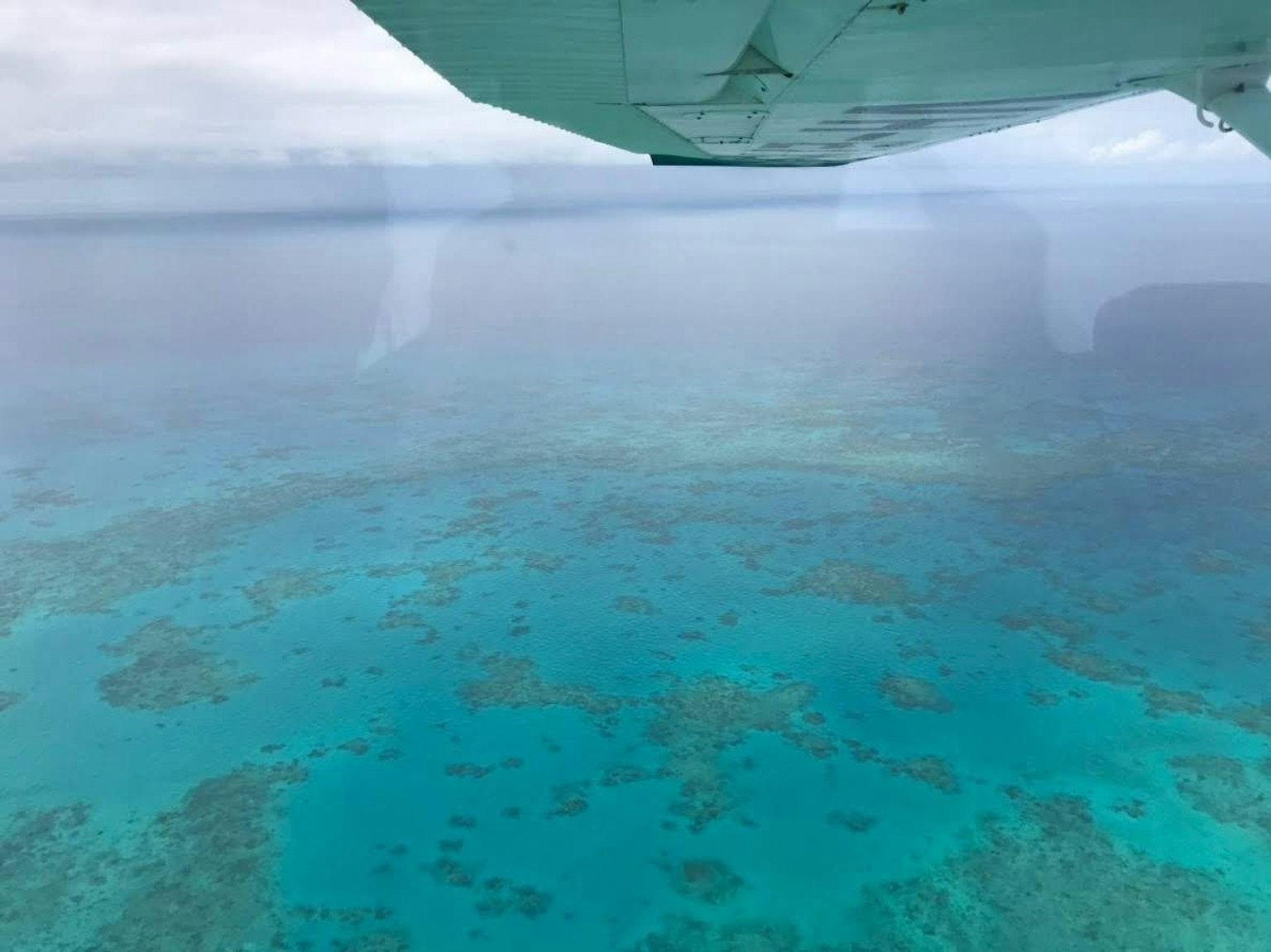 Vista aérea de aguas turquesas y arrecifes de coral desde una ventana de avión