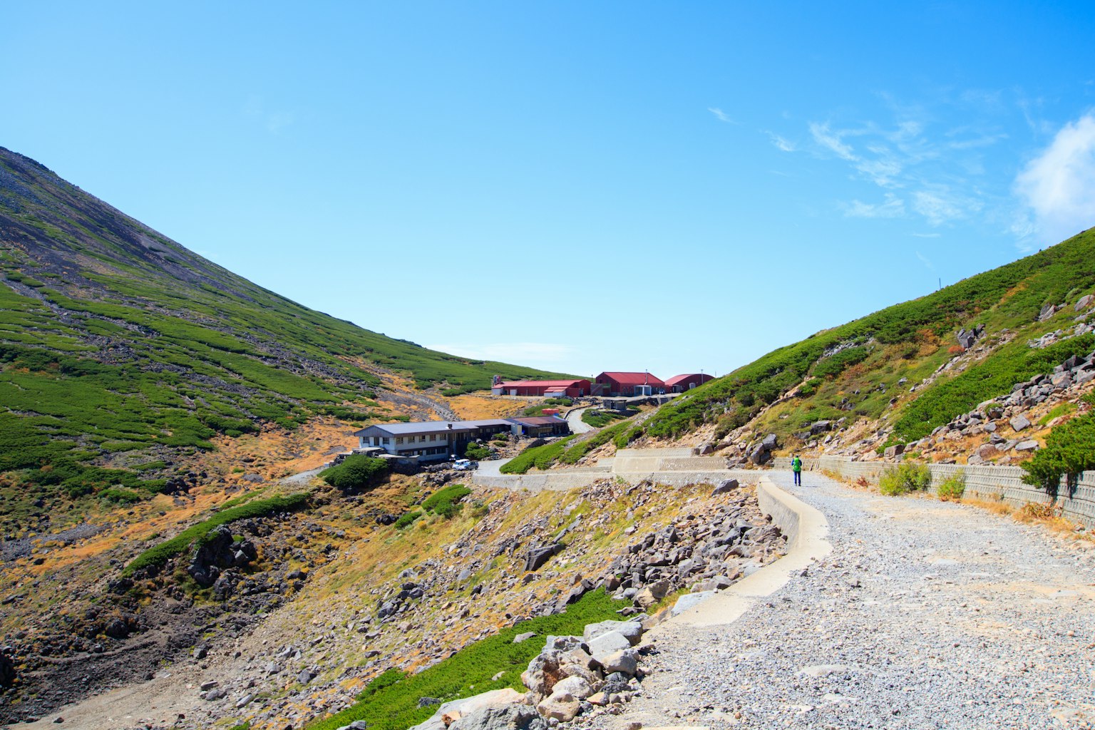 風景如畫的山地景觀，蜿蜒的小路和可見的山舍
