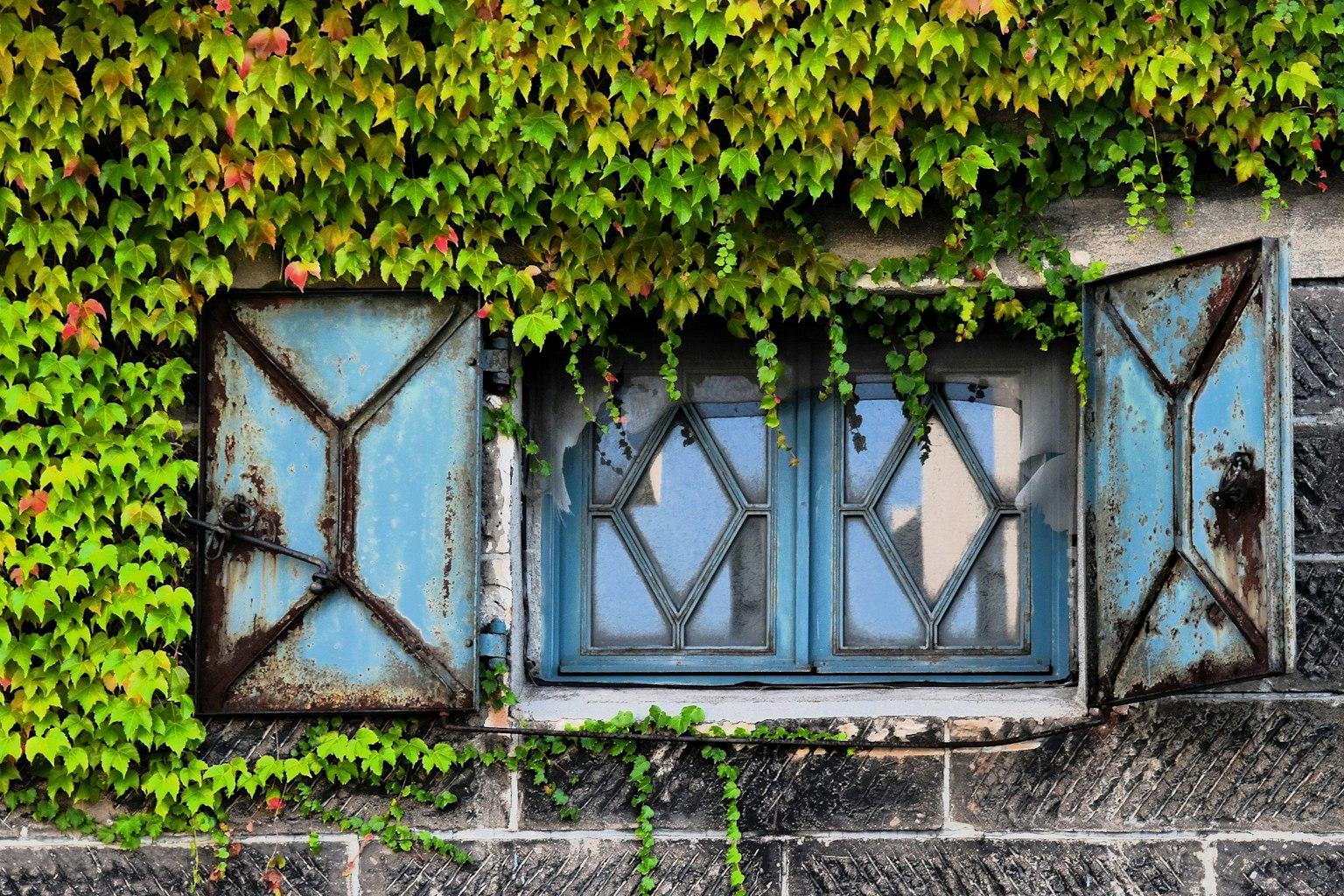 Mur en pierre ancien avec fenêtre bleue et lierre vert