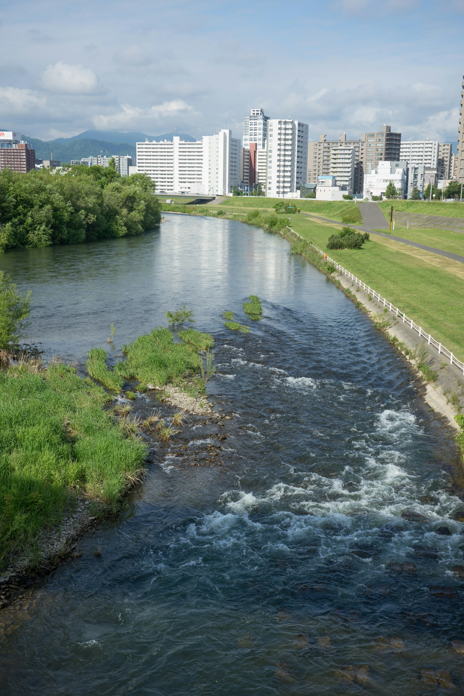 Paisaje urbano con un río y un parque verde