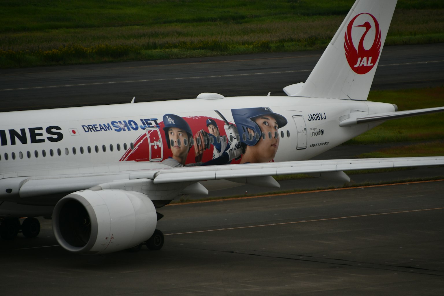 JAL-Flugzeug mit buntem Werbeaufdruck am Heck
